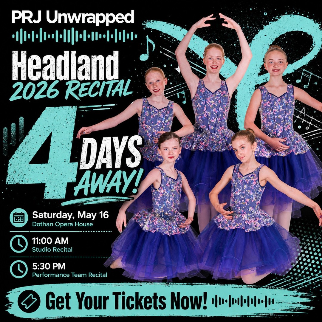 🎧 4 days until PRJ Unwrapped!
Headland recital day is getting so close, and we are ready to celebrate a season full of hard work, growth, confidence, and a whole lot of dancing.
Join us this Saturday at the Dothan Opera House for PRJ Unwrapped.
11:00 AM Studio Recital
Creative Movement, 4-5 Combo, 6-9 Combo, Homeschool Ballet, Intermediate classes, and Advanced classes
Tickets: Click our link in our bio!
5:30 PM Performance Team Recital
Headland Performance Team dancers
Tickets: Click our link in our bio!
Every dancer deserves a crowd full of people cheering them on. Come be part of it! 💙