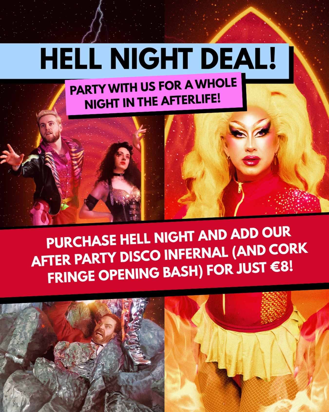 JOIN US IN HELL! 🔥🔥🔥
Catch our HELL NIGHT DEAL and party with us all night! Have you seen our ticket bundle offer for both HELL NIGHT and Disco Infernal?? 😱
Buy one get one for only €8 and stay in the afterlife with us!
If you have already purchased HELL NIGHT, you can still grab this ticket offer on the door for the first show and add on the after party.
HELL NIGHT: this is a 90 minute performance, that will end at 10:30.
DISCO INFERNAL: is our Cork Fringe Opening Party and club night running from 10:30/11pm till late.
If you have tickets to both, you will be given a wristband and are welcome to stay in the room, if you are just attending HELL NIGHT, we ask that you kindly head out once the performance ends.
See you in HELL!!