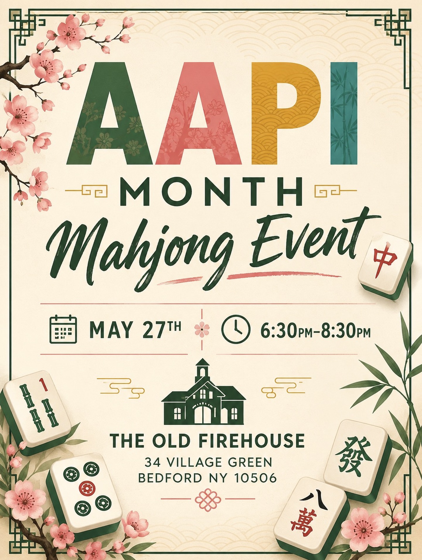 Join us for an evening of community, culture, and Mahjong in celebration of AAPI Heritage Month!
📅 Date: May 27
⏰ Time: 6:30 PM – 8:30 PM
📍 Location: The Old Firehouse
34 Village Green, Bedford, NY 10506
🎟️ Tickets: $60 (includes pizza and a glass of wine from oHHo)
Purchase here: https://givebutter.com/aapi-month-mahjong-event-bhyizt
Hong Kong-style and American Mahjong will be played—players of all levels are welcome! If you don’t play, come to socialize, connect, and support AAPI Heritage Month.
💛 All proceeds will go to The Bittermelon, a local AAPI youth leadership organization in Ossining, NY.
A special thank you to oHHo at The Old Firehouse for generously donating the space for this event.