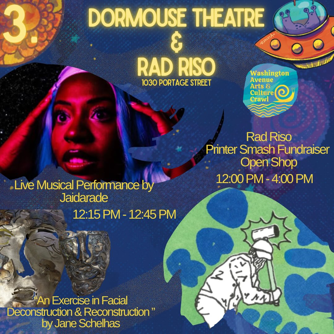 WAACC is stacked this Saturday May 16th. We are stop 3 at noon with @radriso printer smash, live music by @jaidarade, and an exhibit by Jane Schelhas!