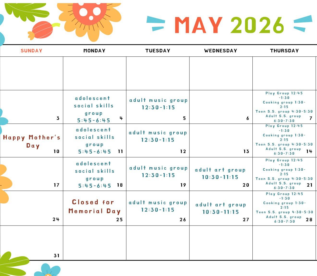 🌸 May at Keys to Communicate 🌸
Happy Better Speech & Hearing Month and Happy Mother’s Day to all of the incredible moms, caregivers, and families we are lucky to support every day 💛
This month is also extra special as we celebrate 4 YEARS of Keys to Communicate! Thank you to our amazing clients, families, staff, and community for growing with us and supporting our mission. 🎉
📅 May Group Schedule:
🎮 Adolescent Social Group
Mondays | 5:45–6:45 PM
🎶 Adult Music Group
Tuesdays | 12:30–1:15 PM
🎨 Art Group – Spring Session 2 Begins May 20th
Wednesdays | 10:30–11:15 AM
👩🍳 Cooking Group
Thursdays | 1:30–2:15 PM
🗣️ 17–21 Social Group
Thursdays | 4:30–5:30 PM
💬 21+ Social Group
Thursdays | 6:30–7:30 PM
🇺🇸 Please note: Keys to Communicate will be CLOSED for Memorial Day.
Thank you for being part of our KTC family 💗