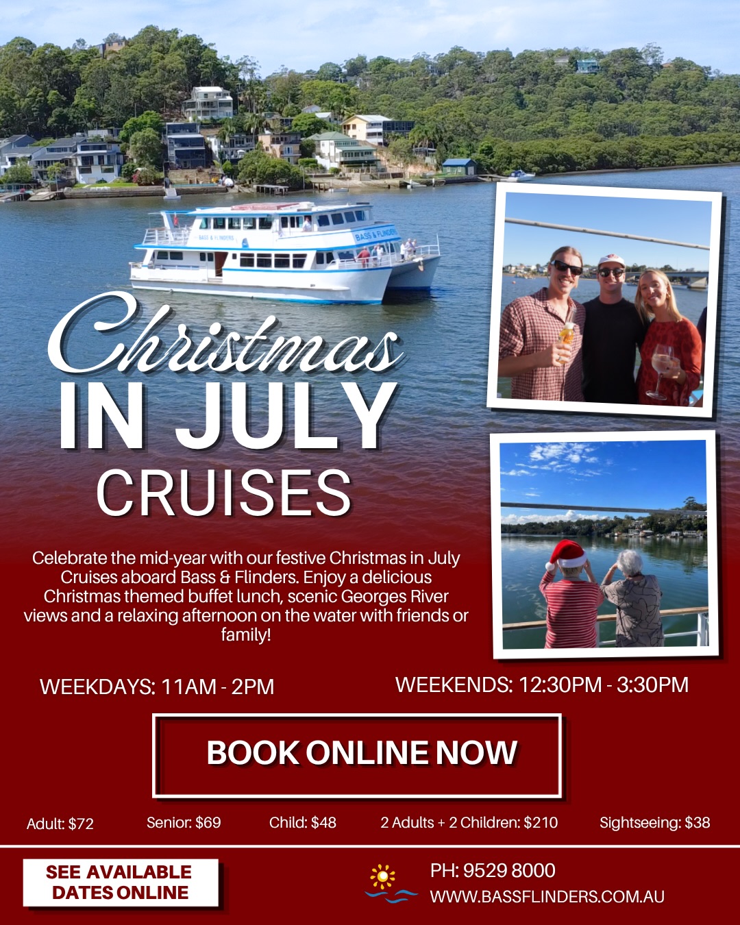 Celebrate the mid year with a festive cruise along the Georges River! 🎄
Join us aboard the Bass & Flinders for a delicious Christmas themed buffet lunch, stunning waterfront views and the perfect mid-year catch up with family, friends or work crews!
Seats fill fast — book online now!
📞 9529 8000
www.bassflinders.com.au
#christmasinjuly #bassandflinders #sydneycruises #GeorgesRiver #visitsydney