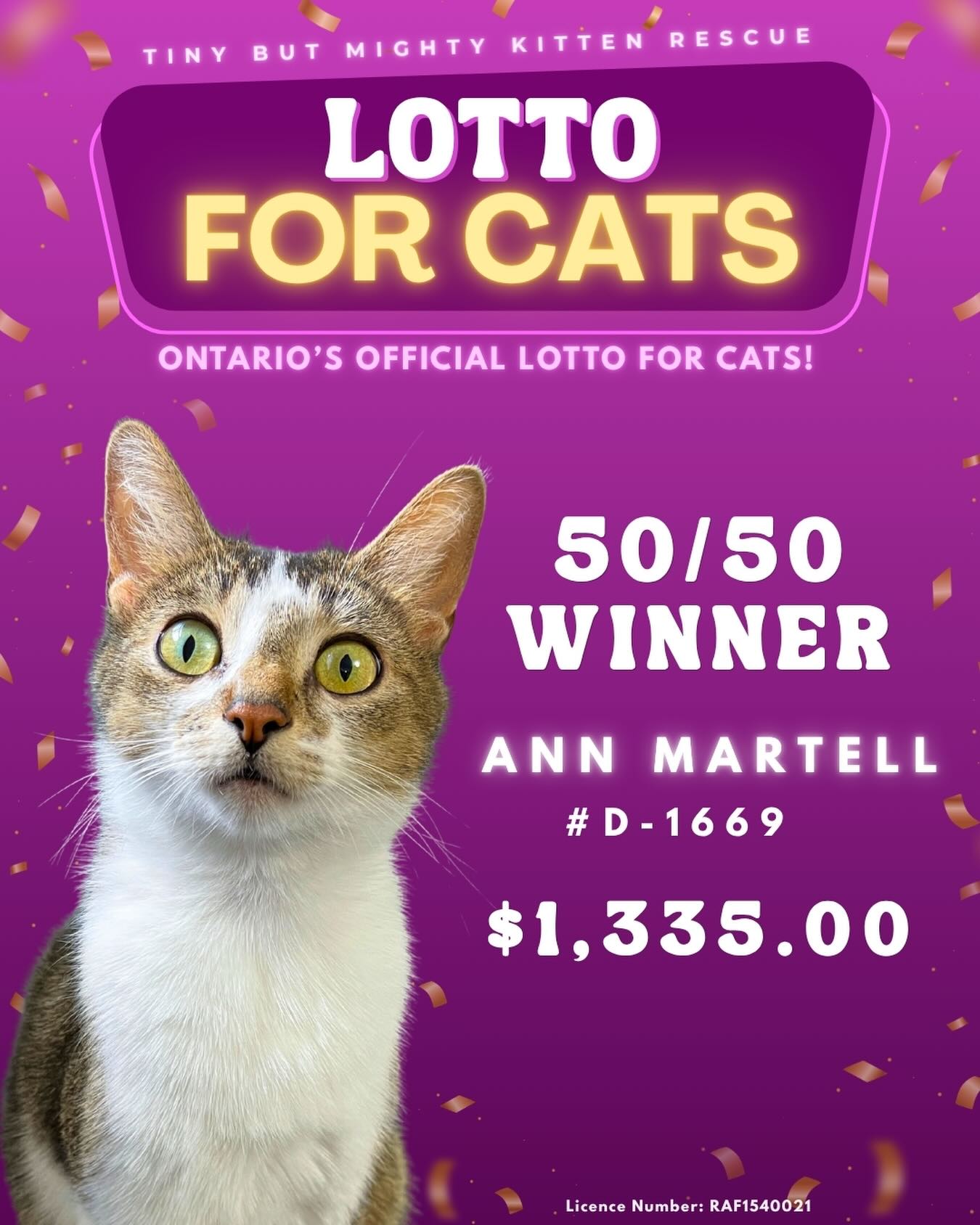 Congratulations to our 50/50 winner: Ann Martell! 🎉 $1,335.00
This fundraiser was a bit of a challenge as we navigated how to avoid restrictions on Meta but overall it was a success. Ultimately every little bit helps and funds our subsidized spay/neuter program.
After all our fees (not including the Meta ad we were required to run) we are left with $837.80
Thank you to everyone who joined in and supported our fundraiser! We’re so grateful for your support! 💜