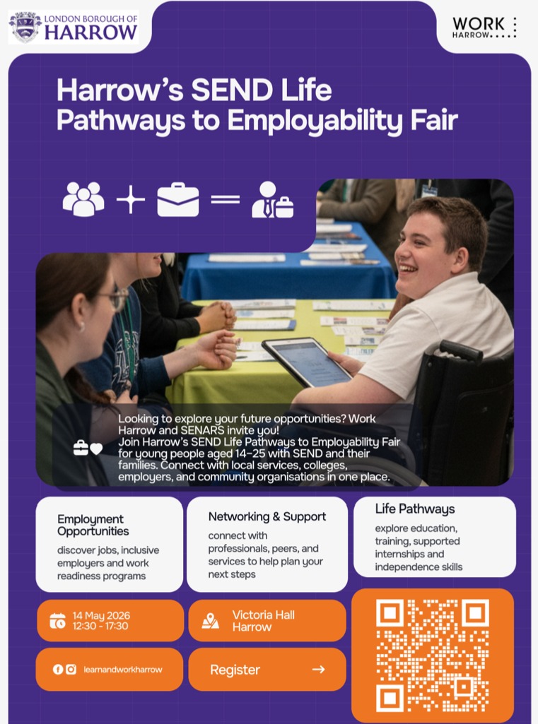 Looking ahead to future opportunities?
@learnandworkharrow's SEND Life Pathways to Employability Fair is open to young people aged 14–25 with SEND and their families. Meet local employers, colleges, training providers, and support services all in one place.
• Discover employment opportunities
• Explore education and training pathways
• Connect with support networks and professionals
📅 14 May 2026
⏰ 12:30PM – 5:30PM
📍 Victoria Hall, Harrow
Register via the QR code on the flyer or link in our bio.
#SEND #Harrow #Employability #InclusiveEmployment #SENDSupport #CareerPathways #WorkHarrow
