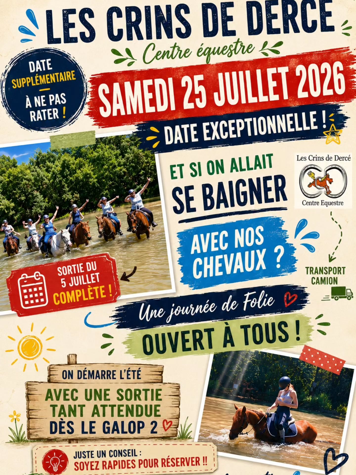 Oh la la 🤓🤓🤓🤓🤓🤓🤓
Ce n'était pas prévu.. mais on a pu caler une nouvelle date !!!
Le 5 juillet est complet et la demande était encore grande .. alors voici UNE NOUVELLE DATE
on espère que vous serez des nôtres..
Et que si vous êtes dispo . Que vous serez rapides pour bloquer votre place !!!
Alors À VOS AGENDAS 😉☺️🤪🤪
LES CRINS DE DERCE poney club