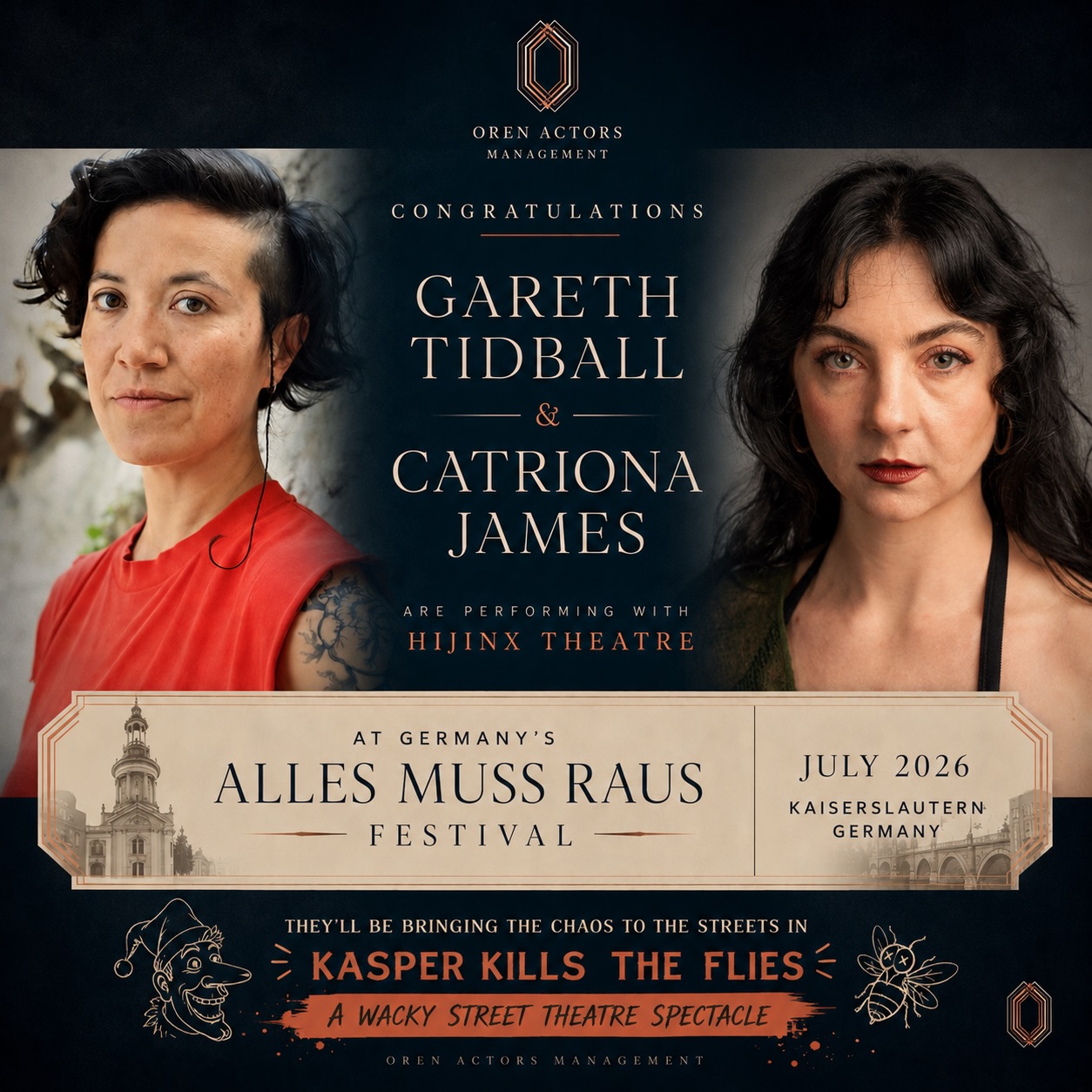 Weโre thrilled to congratulate Gareth Tidball & Catriona James on their upcoming performances with Hijinx Theatre at Germanyโs Alles Muss Raus Festival in Kaiserslautern this July 2026! ๐ฉ๐ชโจ
The pair will be bringing the chaos to the streets in Kasper Kills the Flies! A wildly wacky street theatre spectacle that promises bold characters, big energy and unforgettable fun.
Weโre so proud to see Gareth & Catriona taking their work to an international audience & canโt wait to follow the adventure.
Break a leg! ๐ญ