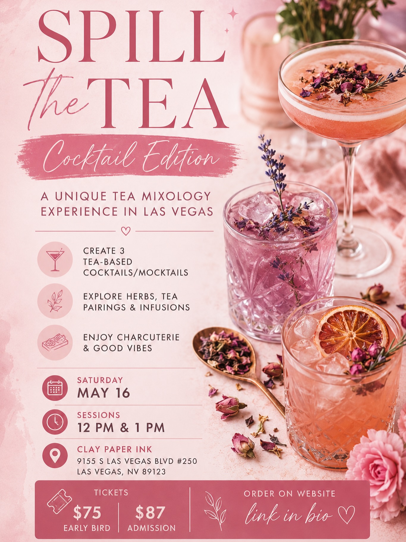 Tea cocktails, herbal mocktails & good vibes 🍸🌿
Join us for Spill the Tea: Cocktail Edition — a unique tea mixology experience in Las Vegas where you’ll create 3 tea-infused cocktails/mocktails, explore herbs, and enjoy charcuterie in a beautiful creative space ✨
📍Clay Paper Inc
🗓 May 16
⏰ 12 PM & 1 PM sessions
🎟 Tickets available on my website — link in bio
.
@claypaperink @syuzn.sam