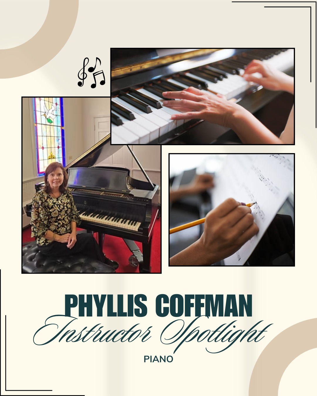 Instructor Spotlight!
Phyllis Coffman holds a Bachelor of Arts degree in Church Music from Virginia Commonwealth University. She has taught piano lessons for 33 years, and has served as a church musician for various churches and denominations for over 44 years. She has directed and accompanied choirs of all ages from children to adults. Phyllis plays piano, organ, and loves to sing. She enjoys introducing her piano students to the four main periods of Music History and guiding them through learning excerpts from these genres. Phyllis is the organist and pianist at Ridge Baptist Church. She loves gardening with her husband, Robert, and playing in the Handbell Choir at church.