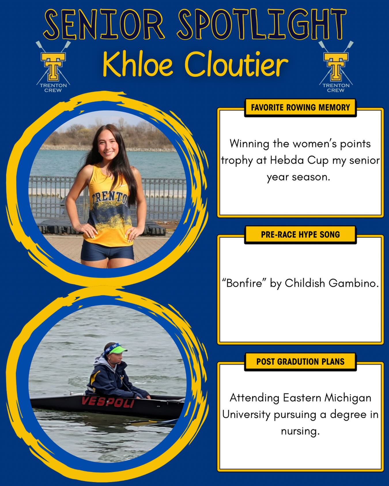 Senior Spotlight! ✨🚣♂️ Khloe Cloutier is a three year senior coxswain. She has been a great set of eyes out on the water during practices and race days. Her confidence as a coxswain has been a great asset to our team!