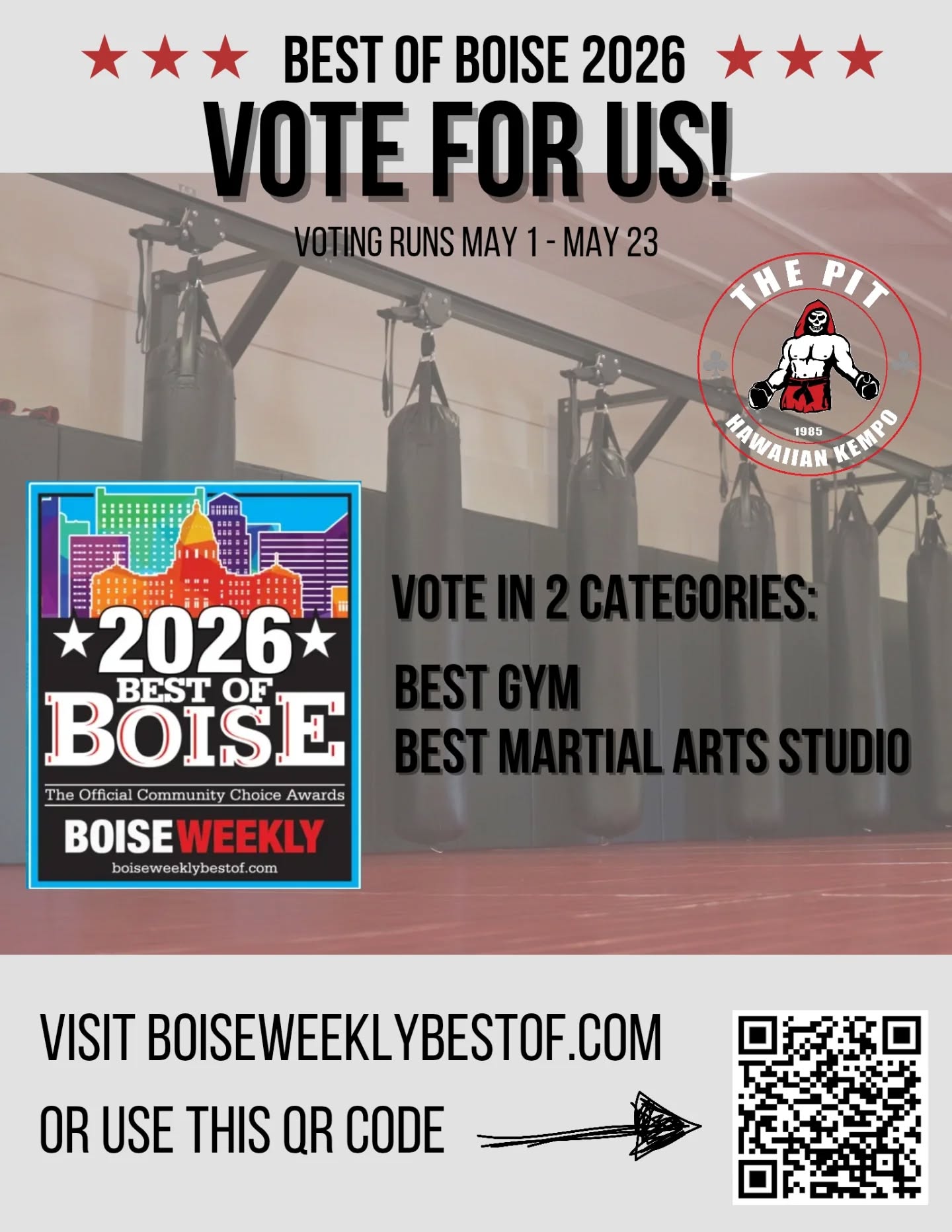 Please take a moment to vote for us for Best of Boise 2026!!! We've been honored to been nominated every year since opening in 2017 āØļø visit BOISEWEEKLYBESTOF.COM and vote in both categories: Best Gym and Best Martial Arts Studio!! The link is also in our bio
Voting is open through 5/23! Thank you for your support and let's bring it home this time!!!!