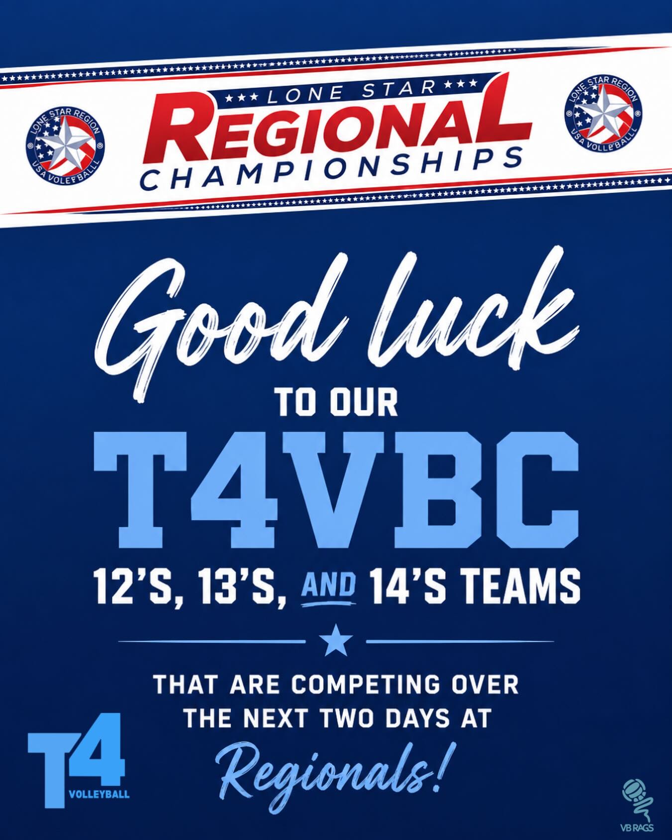 Good luck to our 12’s, 13’s, and 14’s teams competing over the next two days at the Lone Star Regional Championships! Finish the season strong! 🩵💙
#T4 #T4VBC #T4Volleyball