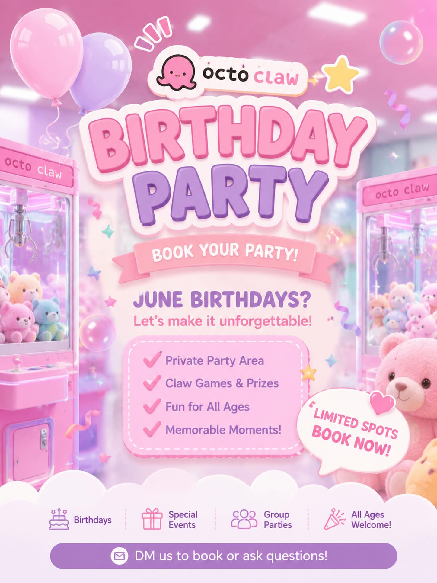 🎀 June Birthday Parties are now open for booking at OctoClaw! 🎂✨
Looking for the cutest birthday party spot?
Celebrate with claw machines, plushies, games, prizes, and unforgettable memories 💕🧸
✨ Private party area
✨ Fun for kids & all ages
✨ Add-ons available
✨ Limited spots for June!
Book your party before weekends fill up 💌
DM us for details & reservations!
#OctoClaw #BirthdayParty #JuneParty #KidsBirthday #Aurora
