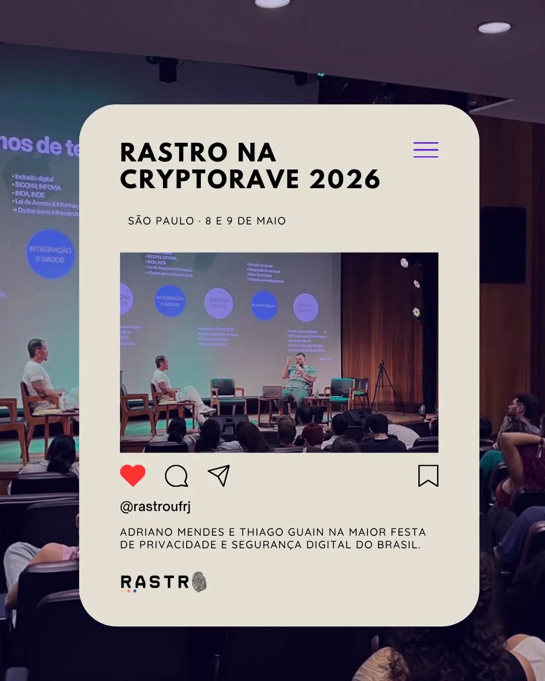 Na última sexta (08/05), os pesquisadores Adriano Mendes e Thiago Guain representaram o Rastro na @cryptoravebr 2026, um dos eventos mais importantes de privacidade e segurança digital do país.
A atividade "Dados, poder e infraestrutura: quem produz o digital público?" trouxe temas urgentes como o reconhecimento facial nos espaços urbanos do Rio, tecnologias governamentais e os riscos de um Estado orientado por dados sem transparência nem controle social.
Participar desses debates é fundamental para pautarmos a soberania tecnológica e garantir que as infraestruturas digitais das nossas cidades sirvam à população, e não ao controle.
Parabenizamos nossos pesquisadores e agradecemos à @cryptoravebr pelo espaço de troca tão necessário para pensarmos a tecnologia sob uma ótica crítica e territorializada.
#cryptorave2026 #Rastro #ippur #ufrj