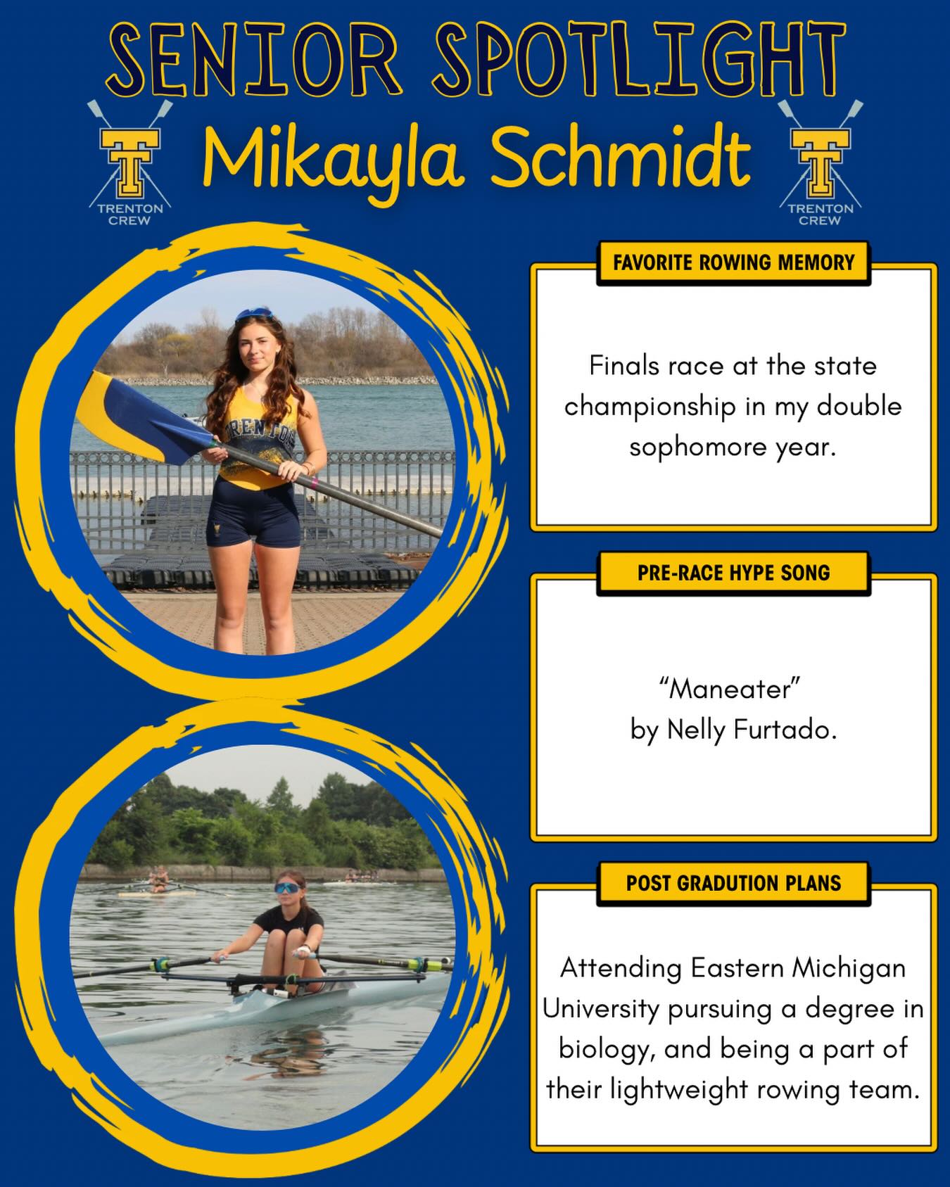 Senior Spotlight! ✨🚣🏻♀️ Mikayla Schmidt is a four year senior who has been a great leader of our team. She will continue to grow as an athlete at Eastern Michigan University with their lightweight program. We are so proud of her!