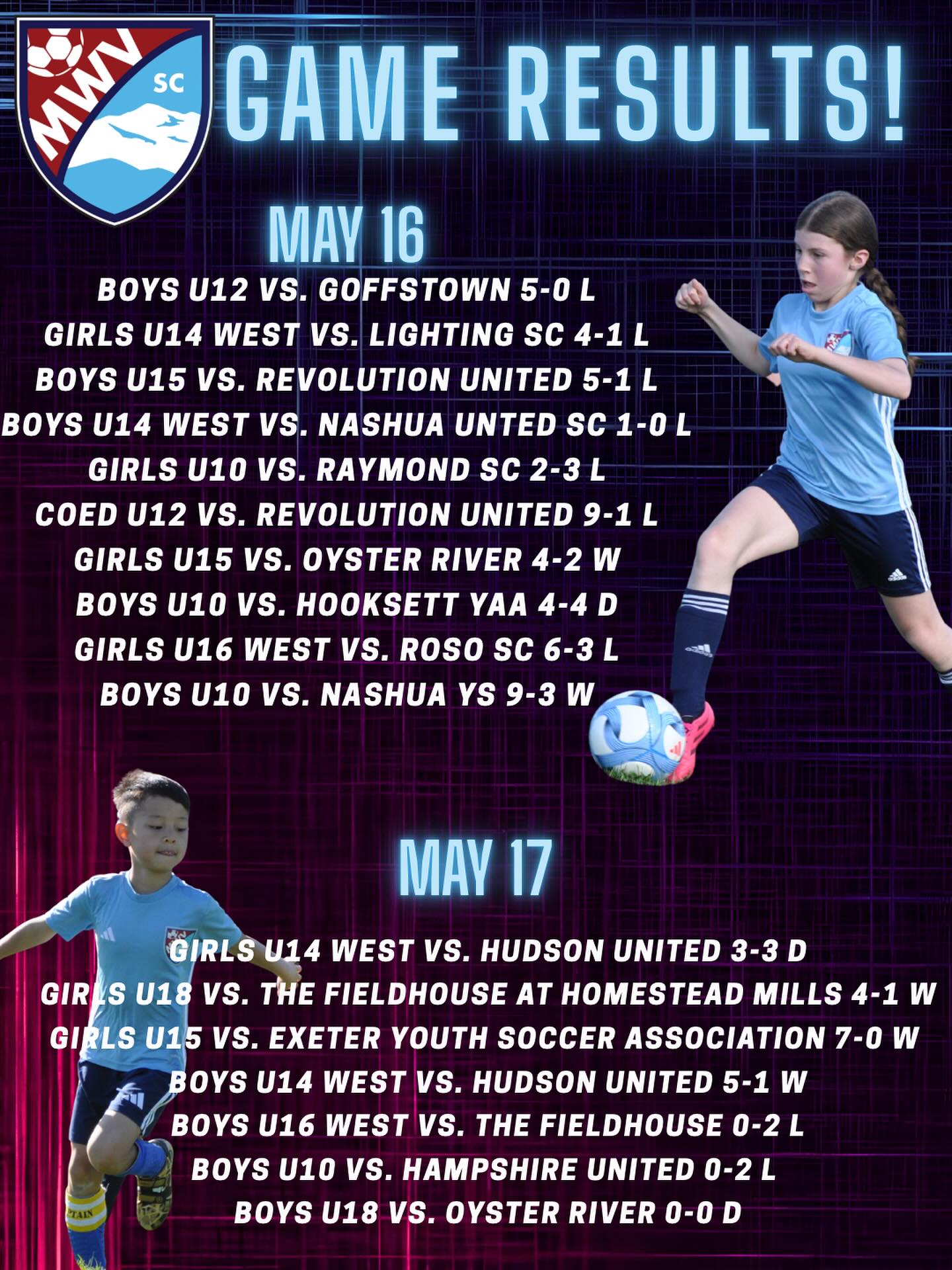 Great weekend of Soccer! MWVSC had a full schedule all over the state of NH! Thanks to players, families, coaches, and sponsors! #youthsoccer #GameDay #WeAreMWV #mwvsc