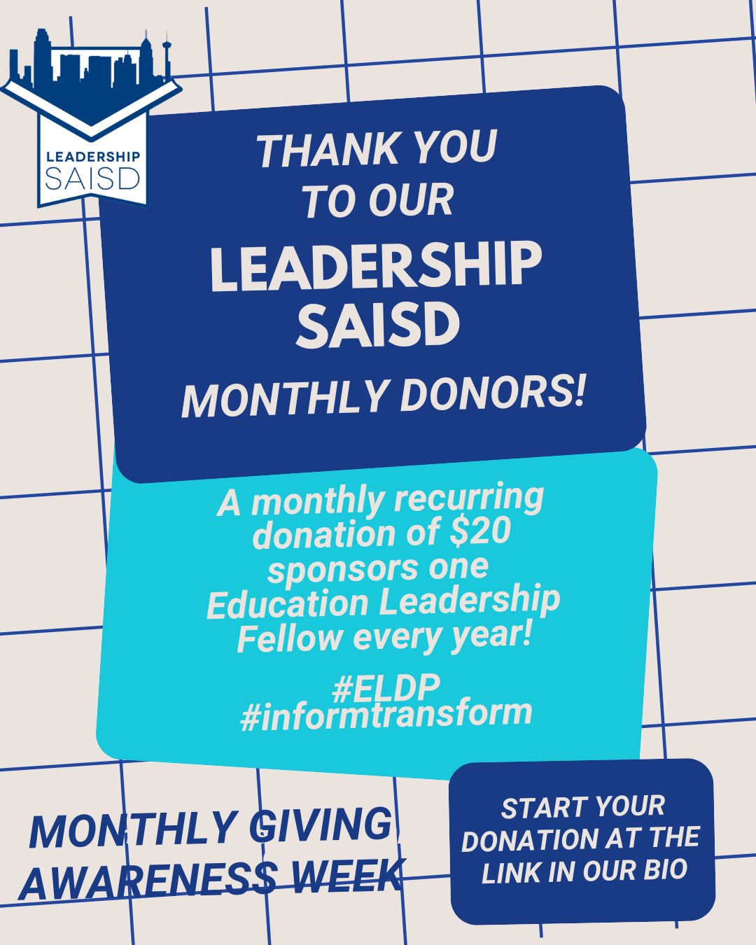 Thank you to our monthly donors, your ongoing support and commitment to our mission helps us sustain our programming! Did you know that $20 a month can support one Education Leadership Development Program Fellow every year? We strive to keep our programs accessible to all and this support goes directly to our program participants! Become a monthly donor today, link in our bio. #ELDP #LSAISD #informtransform #sanantonio #publiceducation #monthlygivingawarenessweek