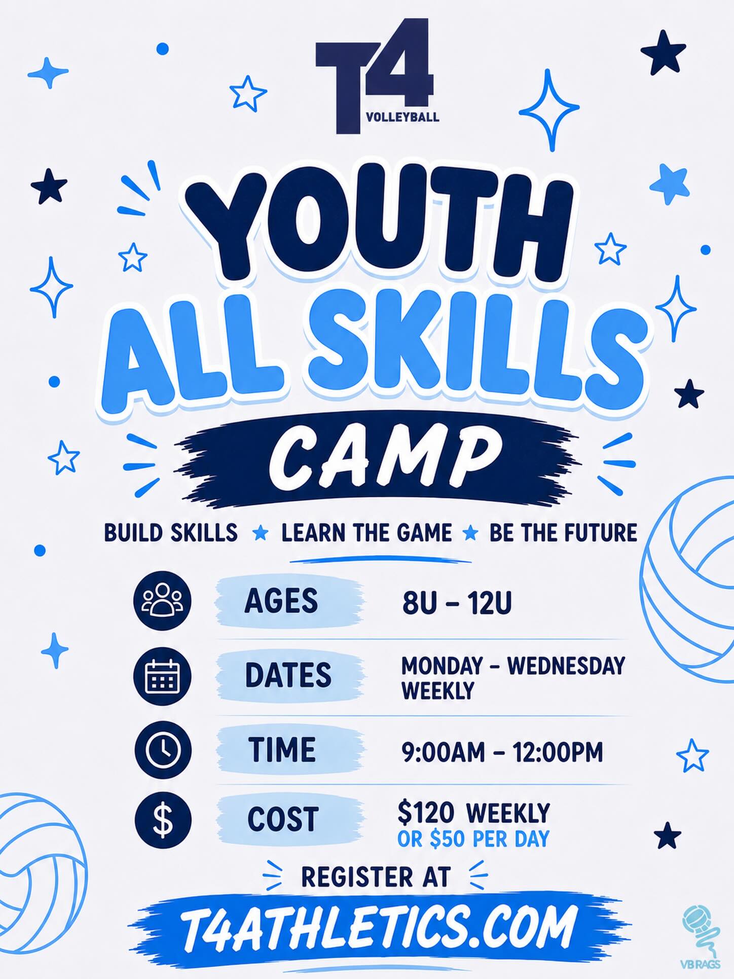 Build skills, learn the game, and have fun this summer at T4! Our Youth All Skills Camp is designed for young athletes looking to grow their confidence, improve fundamentals, and develop a love for the game in a positive and energetic environment 💙🩵
Ages: 8U–12U
Monday–Wednesday Weekly
9AM–12PM
$120 Weekly or $50 Per Day
Perfect for beginner and developing players wanting extra reps and game play throughout this summer!
Register now through the T4 App or website:
T4Athletics.com
#T4 #T4VBC #T4Volleyball