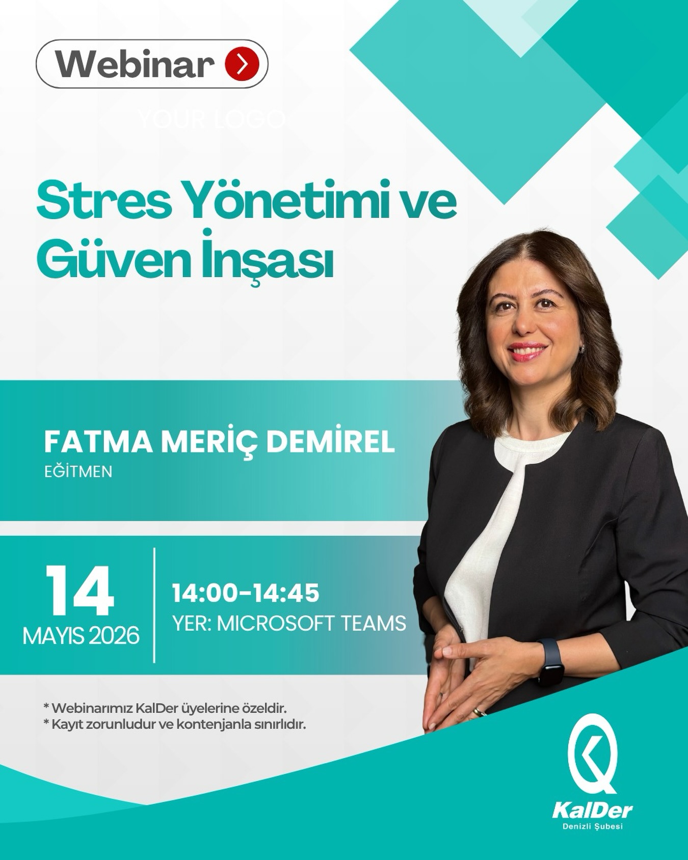 Günümüzde değişen koşullar, yoğun tempo ve artan sorumluluklar; stres yönetimini ve güvene dayalı iletişimi her zamankinden daha önemli hale getiriyor.
KalDer üyelerine özel ve ücretsiz olarak online düzenleyeceğimiz “Stres Yönetimi ve Güven İnşası” webinarında, eğitmenimiz Fatma Meriç Demirel ile stresi doğru yönetmenin, güçlü iletişim kurmanın ve güven ortamı oluşturmanın yollarını ele alacağız.
* Stresin tanımı ve stresin yaşam üzerindeki etkileri
* Stresle başa çıkma yöntem ve teknikleri
* Bilişsel çarpıtmaların incelenmesi ve yönetilmesi
* Psikolojik sermaye kaynaklarının stres yönetimindeki önemi
* Güven kavramı ve güvenin insan ilişkilerindeki yeri
* Güvenin dinamik yapısı ve sürdürülebilirliği
* Sosyal ve profesyonel ilişkilerde güven kazanma sorumluluğu
Webinara Kimler Katılabilir?
Tüm sektörlerden her kademede çalışan KalDer üyeleri katılabilir.
📌 Tarih: 14 Mayıs 2026
⏰ Saat: 14:00 - 14:45
📍 Yer: Microsoft Teams
Webinarımız online gerçekleşecektir. KalDer üyelerine özel ve ücretsizdir.
Kayıt linki bio’dadır, webinar linki kayıt formunu dolduran üyelerimize iletilecektir.
#KalDer #KalDerDenizli #Webinar #Denizli