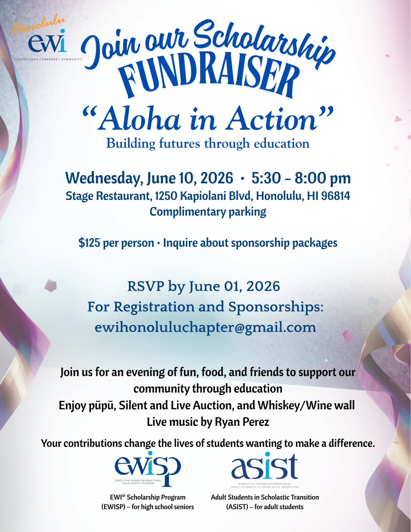 Join EWI of Honolulu at our annual Fundraising event, Aloha in Action, as we raise money for our Scholarship programs EWISP and ASIST.
It will be a wonderful evening of mele, ʻono meaʻai, and networking. Take home a bottle or five from our Whiskey/Wine Wall, and bid on those staycation packages. You never know, you might just walk away with a rare whiskey or that perfect golf package or both!
Individual tickets on sale now, and a few sponsorship packages are still available.
Join us as we build futures through education!
#ewihonoluluchapter #asist #ewisp #alohainaction