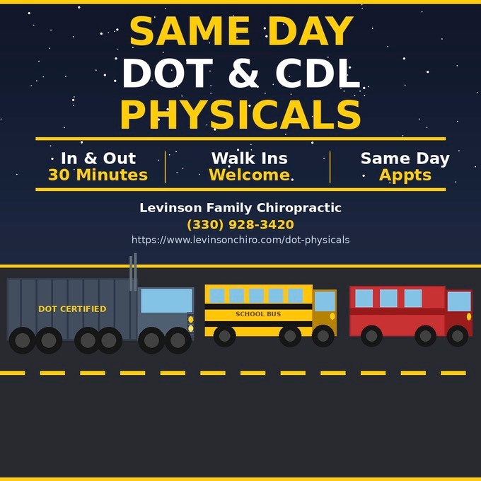 Attention truck drivers and CDL holders. We know your time is valuable and we respect that. š
At Levinson Family Chiropractic we offer same day DOT and CDL physicals right here in Cuyahoga Falls.
Most appointments are in and out in about 30 minutes so you can get back on the road and back to work.
No long waits. No hassle. Just fast, professional, federally compliant DOT physicals from experienced providers who understand what you need.
Call us today to schedule or just walk in. We will take care of you.
š (330) 928-3420
š https://www.levinsonchiro.com/dot-physicals
#DOTPhysical #CDLPhysical #TruckDriver #OhioTruckers #CuyahogaFalls #AkronOhio #NortheastOhio #LevinsonFamilyChiro