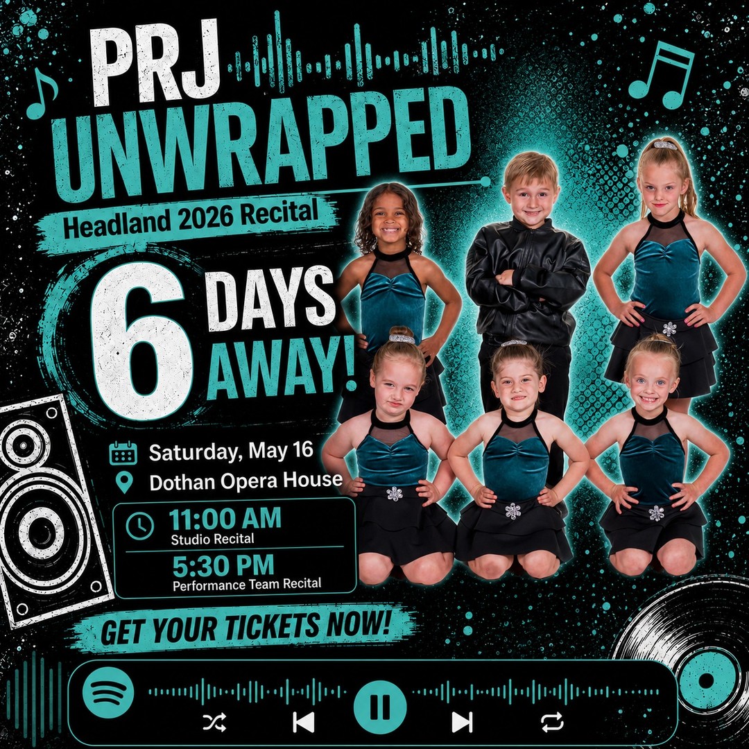 We are officially 6 days away from PRJ Unwrapped at the Dothan Opera House, and the excitement is starting to feel very real.
Our dancers have spent this season learning, growing, practicing, and preparing for this moment. We cannot wait to see them step on stage and show you what they’ve been working on.
PRJ Unwrapped
Saturday, May 16
Dothan Opera House
11:00 AM Studio Recital
Creative Movement, 4-5 Combo, 6-9 Combo, Homeschool Ballet, Intermediate classes, and Advanced classes
Tickets: Click our link in the bio!
5:30 PM Performance Team Recital
Headland Performance Team dancers
Tickets: Click our link in the bio!
It’s almost time to press play on recital day! 💙