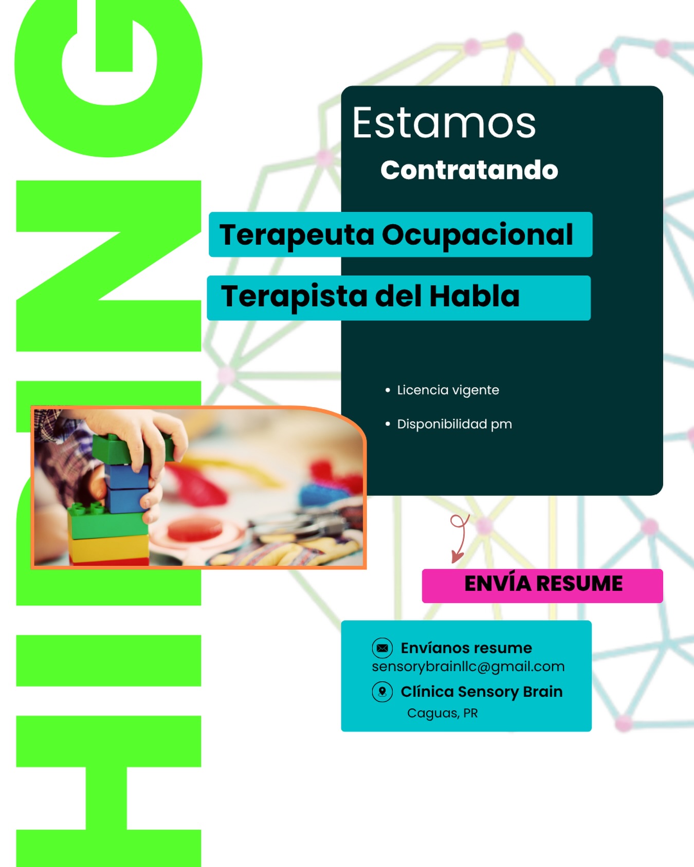 Estamos contratando 🤍
🫶🏼Terapeuta Ocupacional (solo para evaluaciones)
🫶🏼 Terapeuta del Habla-Lenguaje
Enviar resume a sensorybrainllc@gmail.com