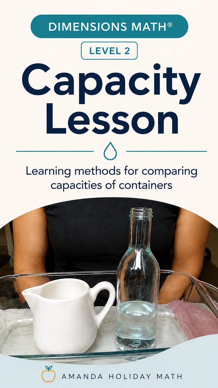 A little peek inside our Dimensions Math® Level 2 class last week. 💧(I wish you could see their smiles and excited faces!)
Students explored capacity by experimenting with containers and water, comparing how much each container could hold, and discussing different strategies for measuring and comparing. Hands-on math moments like these help concepts truly stick!
One of my favorite parts of teaching live online classes is hearing the different ideas students come up with in real time. Students were using prior knowledge, testing strategies, articulating their thinking, asking questions, and learning from one another’s ideas throughout the lesson. That kind of rich discussion and collaborative thinking is something I really value about the live class experience and is difficult to fully recreate through prerecorded videos alone.
After these experiments, we went on to complete all of the Dimensions Math 1B Textbook Capacity practice problems together!