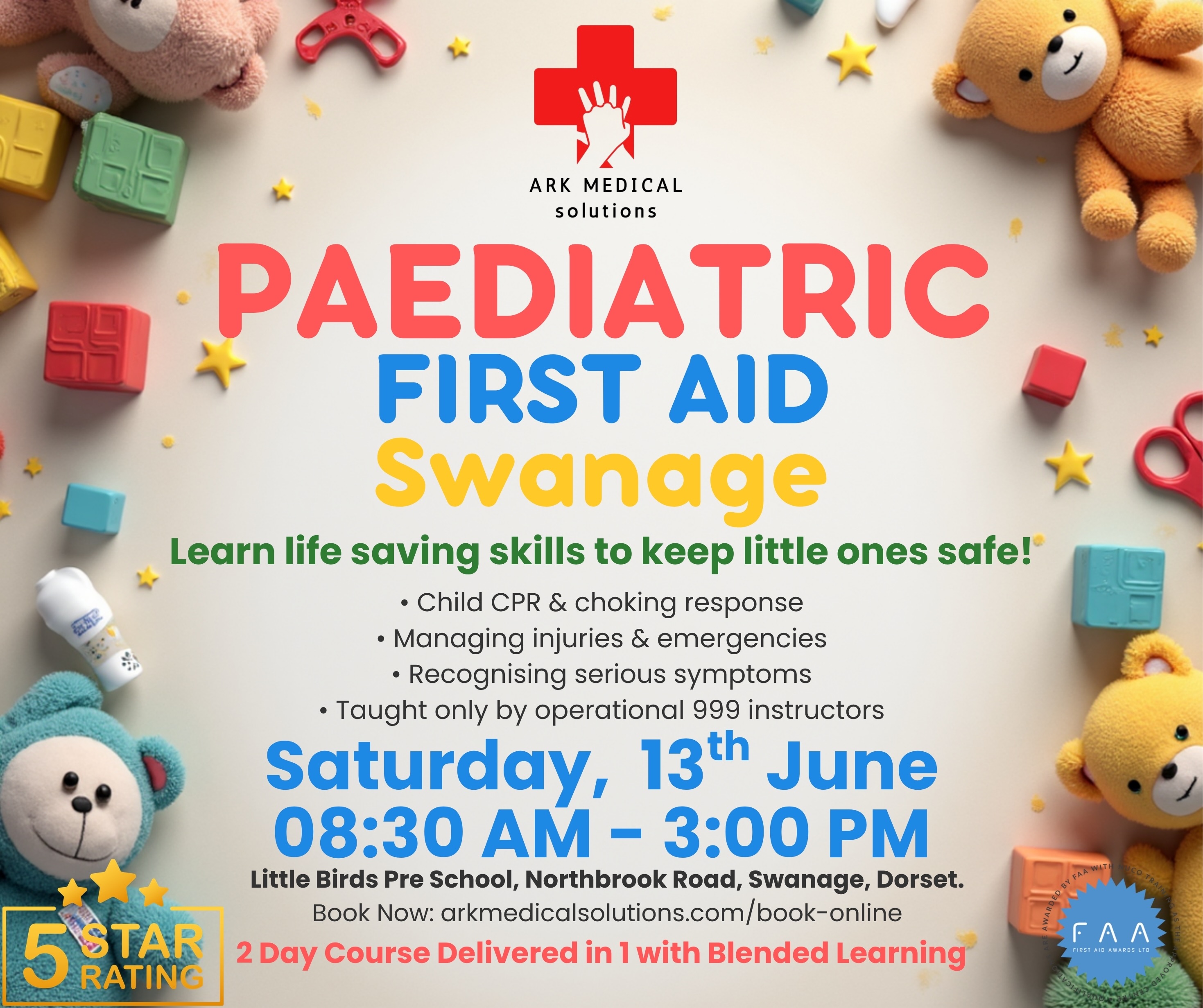 ARK Medical Solutions are being hosted by Little Birds Preschool in Swanage on Saturday 13th June for a Paediatric First Aid Course.
We have limited spaces available for members of the community who wish to attend. Whether you’re requiring this qualification to meet your legal compliance as a childcare provider or maybe you’re a parent, grandparent or guardian of someone little and wish to learn more, then do not hesitate to book or bring a friend.
We cover CPR and use of a defibrillator. Wounds and bleeding. Choking. Seizures and lots more in a relaxed and informal setting.
The full course qualification (£89.95) requires eLearning to be completed prior to attending, but if you do not need this and just want to attend the face to face session for your own knowledge, you can do so (£60).
Please contact us today if you have any questions, wish to know more, or to book.
Adult Emergency First Aid Courses are being held in Wareham on 21st May and 11th June.
All our courses are delivered by serving 999 staff that do the job. Founded in Swanage. Based in Wareham, we are Purbeck’s own First Aid Training Provider and equipment sales with a 5* Google Review rating. #supportlocal
