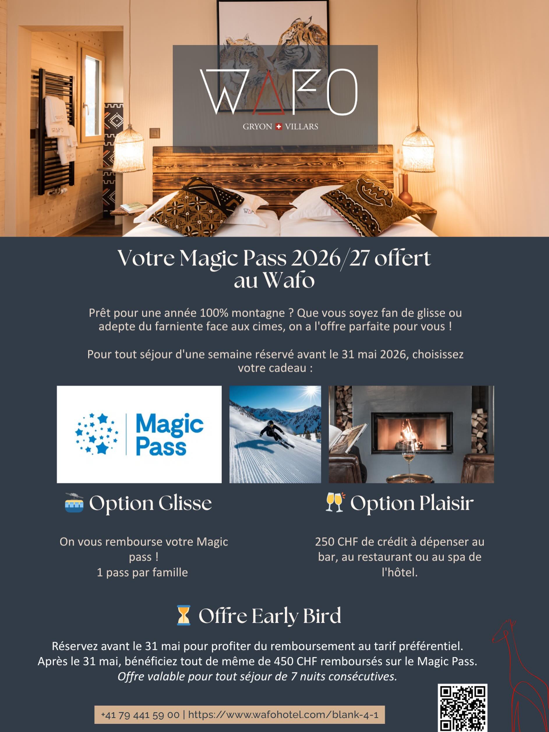 ✨ Cet hiver, choisissez votre plaisir au Wafo ⛷️
Réservez quand vous voulez, à la saison que vous voulez… il suffit simplement de séjourner 7 nuits consécutives pour profiter de notre offre exclusive 2026/27 ✨
Toutes les infos sur le flyer
#wafohotel #magicpass #villars #gryon swissalps