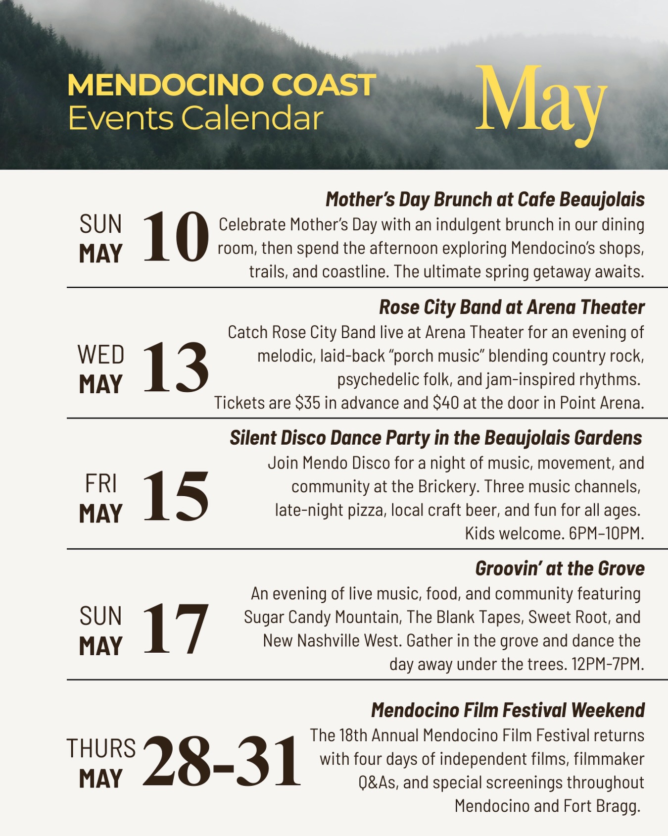 May on the Mendocino Coast 🌿
Longer days, live music, garden gatherings, delicious meals, film festivals, and nights that stretch a little later than before. Here’s a look at what’s happening around Mendocino this month ~ save this calendar for your next coast getaway.
Which event are you most excited for?
#Activities #May #Calendar #Mendocino #CaliforniaCoast