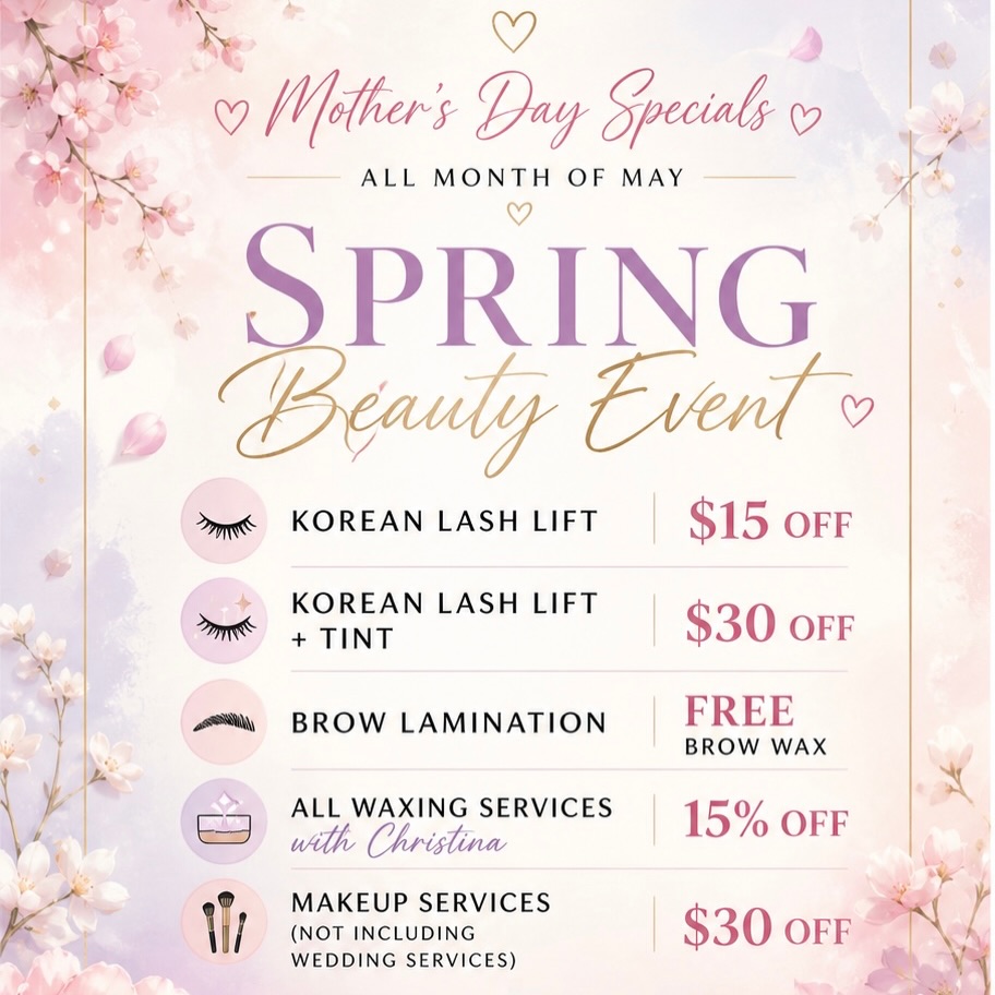 🌸 MOTHER’S DAY MONTH SPECIALS 🌸
Treat yourself, your mom, or someone special this May at ✨ Divine Beauty Bar ✨
For the month of May ONLY, we’re offering exclusive beauty specials to help you feel refreshed, confident, and glowing just in time for spring & Mother’s Day 💐
✨ MAY SPECIALS ✨
• Korean Lash Lift — $15 OFF
• Korean Lash Lift + Tint — $30 OFF
• FREE Brow Wax with any Brow Lamination
• 15% OFF all Waxing Services with Christina
• $30 OFF Makeup Applications (excluding bridal services)
💖 Perfect for:
Mother’s Day gifts • Spring events • Date nights • Vacations • Self-care days
✔️ Healthier lash lift system
✔️ Gentle on natural lashes
✔️ Results last 6–8 weeks
✔️ Luxury beauty experience
📍Located in Agawam, MA
📲 Book online now — spots are limited!
These specials are valid for May appointments only.
#DivineBeautyBar #MothersDaySpecials #WesternMA #AgawamMA #lashlift