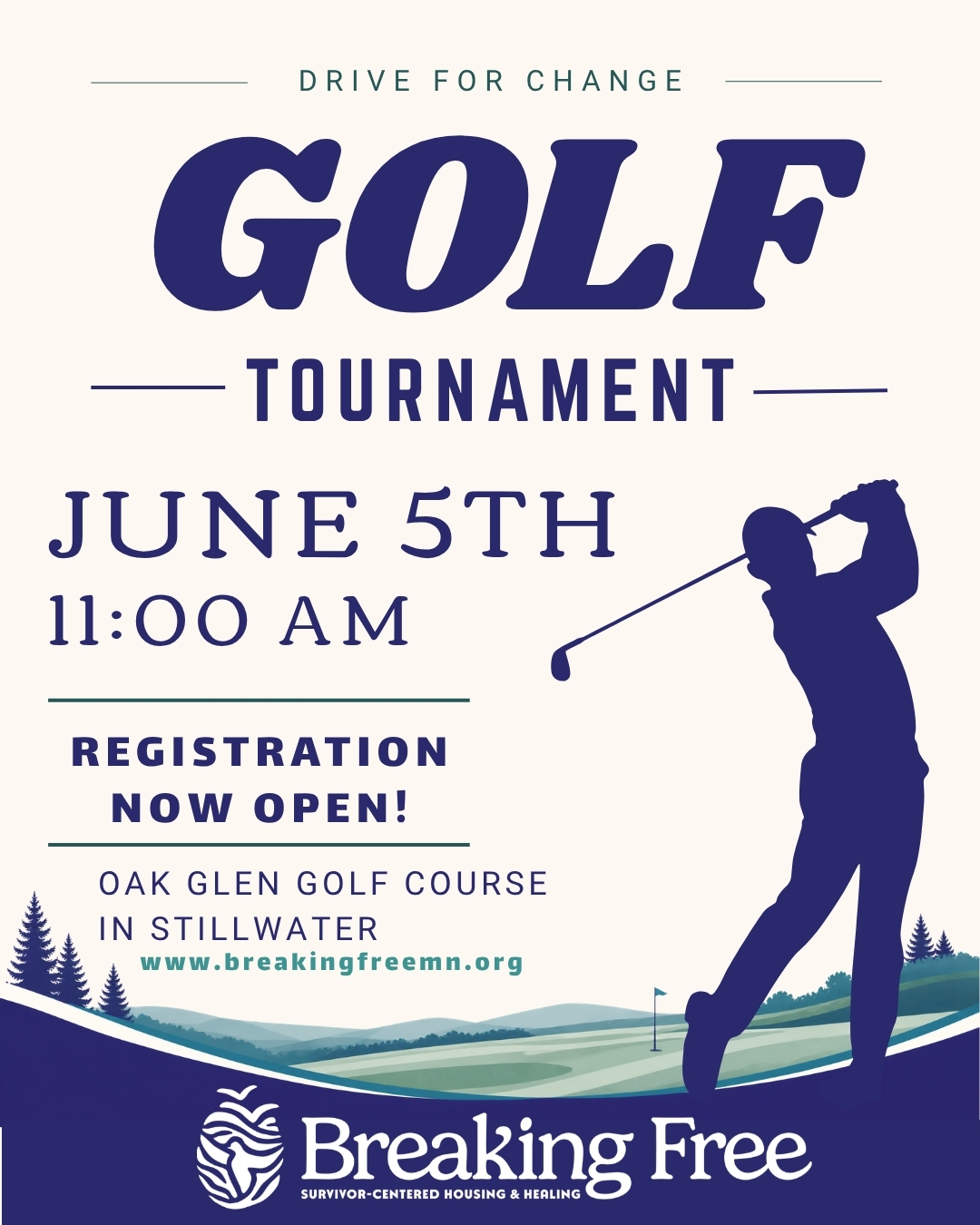Registration is now open for Breaking Free’s first annual Drive for Change Golf Tournament!
Join us on Friday, June 5, 2026 at Oak Glen Golf Course in Stillwater for a day of golf, community, and impact. The event will include 18 holes of golf, on-course competitions, dinner, a silent auction, and opportunities to support Breaking Free’s mission.
Quick correction: Our golf tournament begins at 11:00 AM.
A previous post listed the incorrect start time. We apologize for the confusion and look forward to seeing everyone there!
Whether you register as an individual golfer, gather a foursome, become a sponsor, or donate an item to the silent auction, your support helps survivors build safe, stable futures.
Visit our website to view event details, sponsorship opportunities, and registration information.
Register today: www.golfgenius.com/ggid/xyl2t8/register or learn more at our website https://www.breakingfreemn.org/drive-for-change-golf-tournament-2026
Link also in bio!
#DriveForChange #GolfTournament #CharityGolfTournament #BreakingFree #SupportSurvivors #EndExploitation #MinnesotaNonprofit