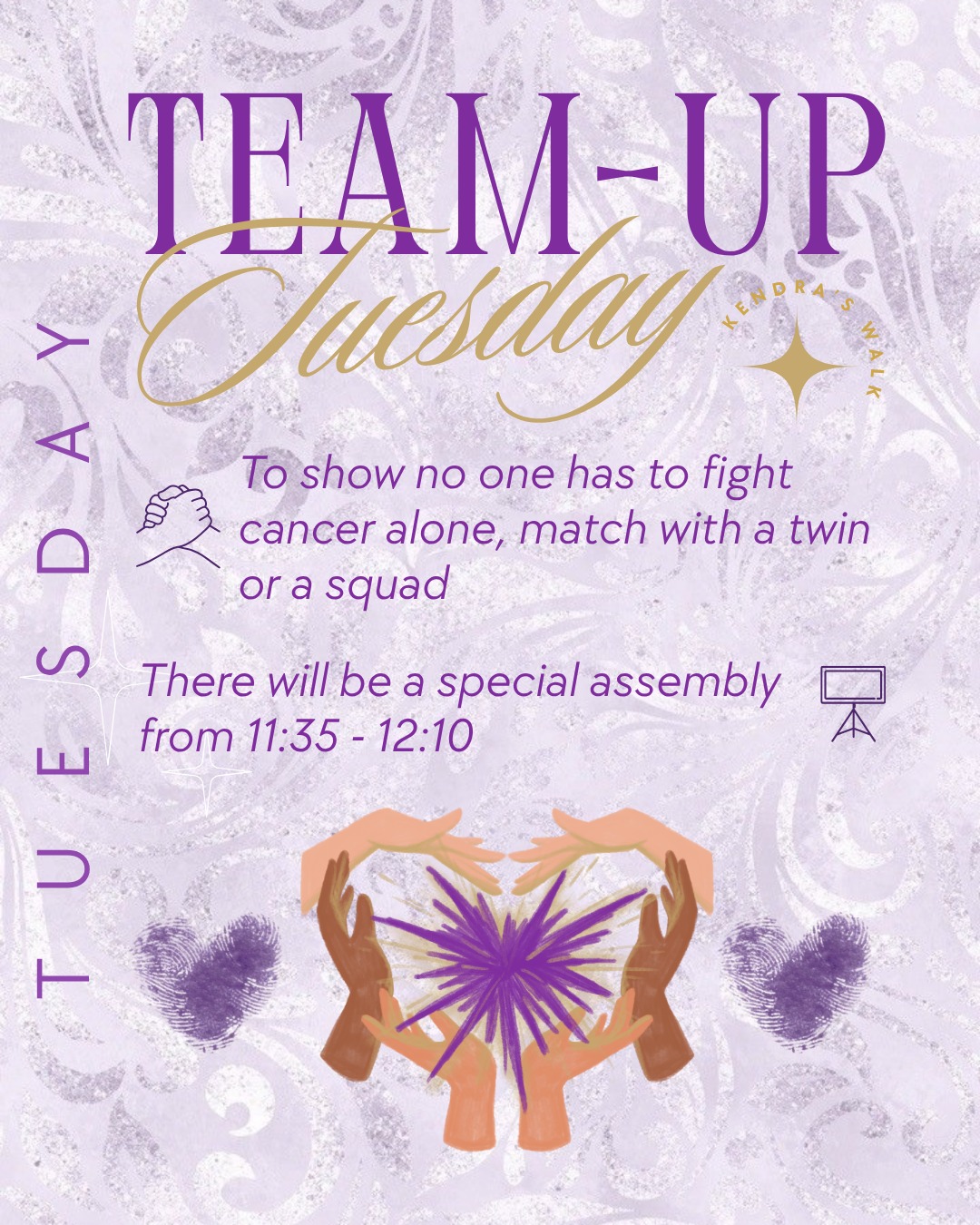 Hey SJR! Here are the colour day themes and activities for the week of the walk (May 19th-22nd)! We hope to see you there showing your support 💜
#kendraswalk