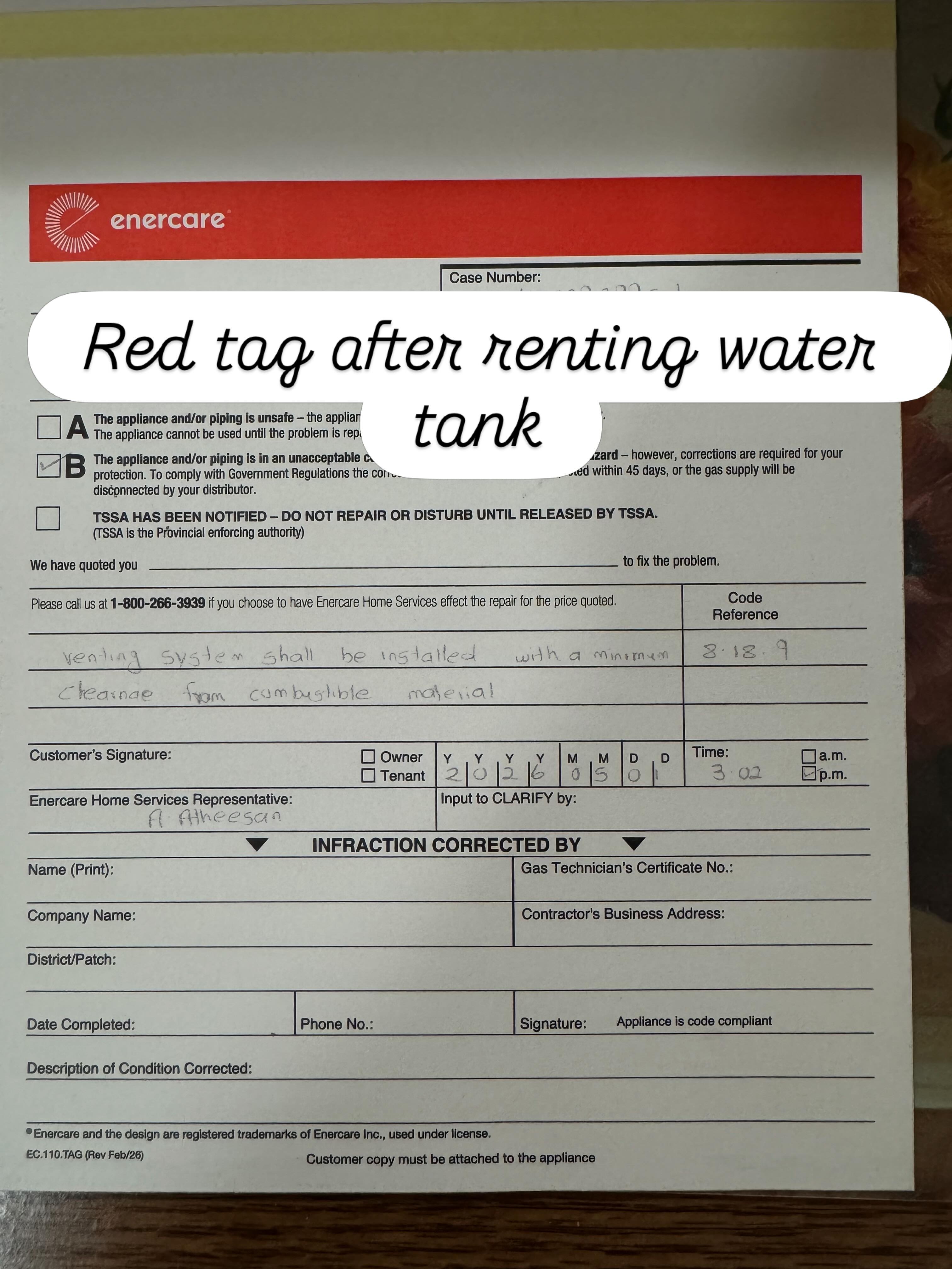 Family rented units 22 years. Maybe pay 3 of this. And co detectors beeping always. Nobody comes for maintenance. Just when fully stopped- they come and gave 2 tags, and promise to changed by new direct water tank.
We widowed, and gave best new solution- tankless water heater. #redtag #safetyviolation #tanklesswaterheater