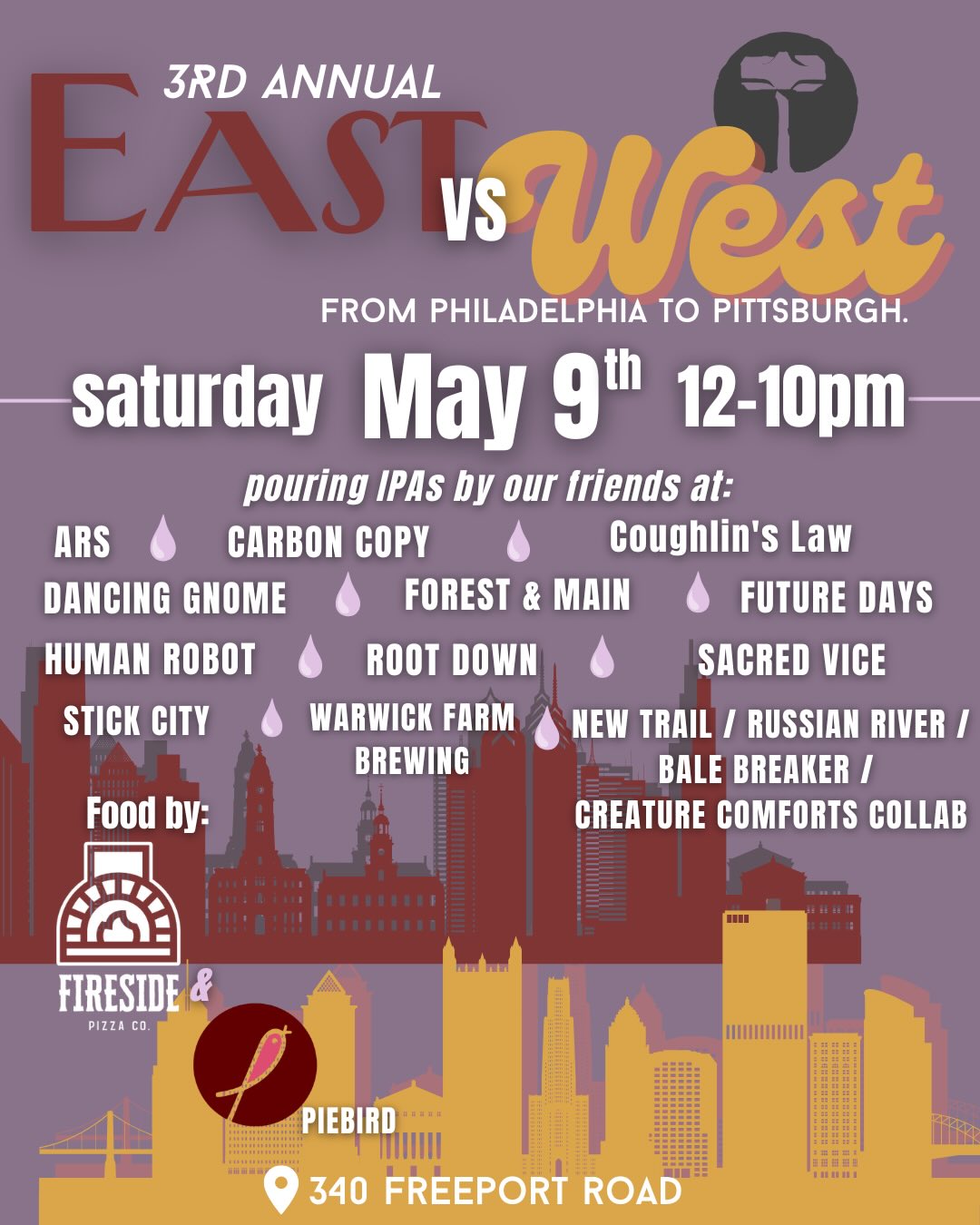 East vs. West is going DOWN this Saturday 🔥
Available this Saturday: we’re beyond excited to release our collab with @breweryars — Still Believe (West Coast IPA, 6.3%).
⚠️ Very limited on draft + 4-packs to-go… don’t wait on this one.
Stacked lineup from Pittsburgh + Philly all day long 👀
Starting today at 4pm sharp:
🍺 The Royal Clown (English IPA, 6.2%) on the beer engine from our good friends at @clarionriverbrew
🍺 340 Lager returns (draft + cans)
🍺 Tri-Clamp Bliss is BACK
🐓 @mrnickspgh out front along Freeport Road
🧠 @drewscluestrivia at 7pm
Warm up tonight… big things Saturday 💥