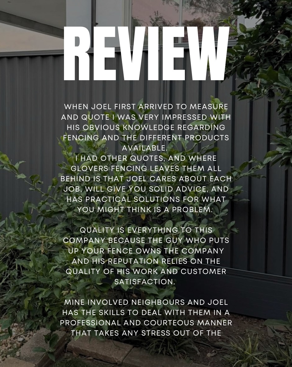Always an honour when a homeowner recognises the effort the team puts in from start to finish 🤝
Need a new fence? https://www.gloversfencing.com.au/contactus
From Colorbond to Timber and Aluminium, we build fences that last — serving Penrith, The Hills, Hawkesbury & Blacktown with pride and precision.