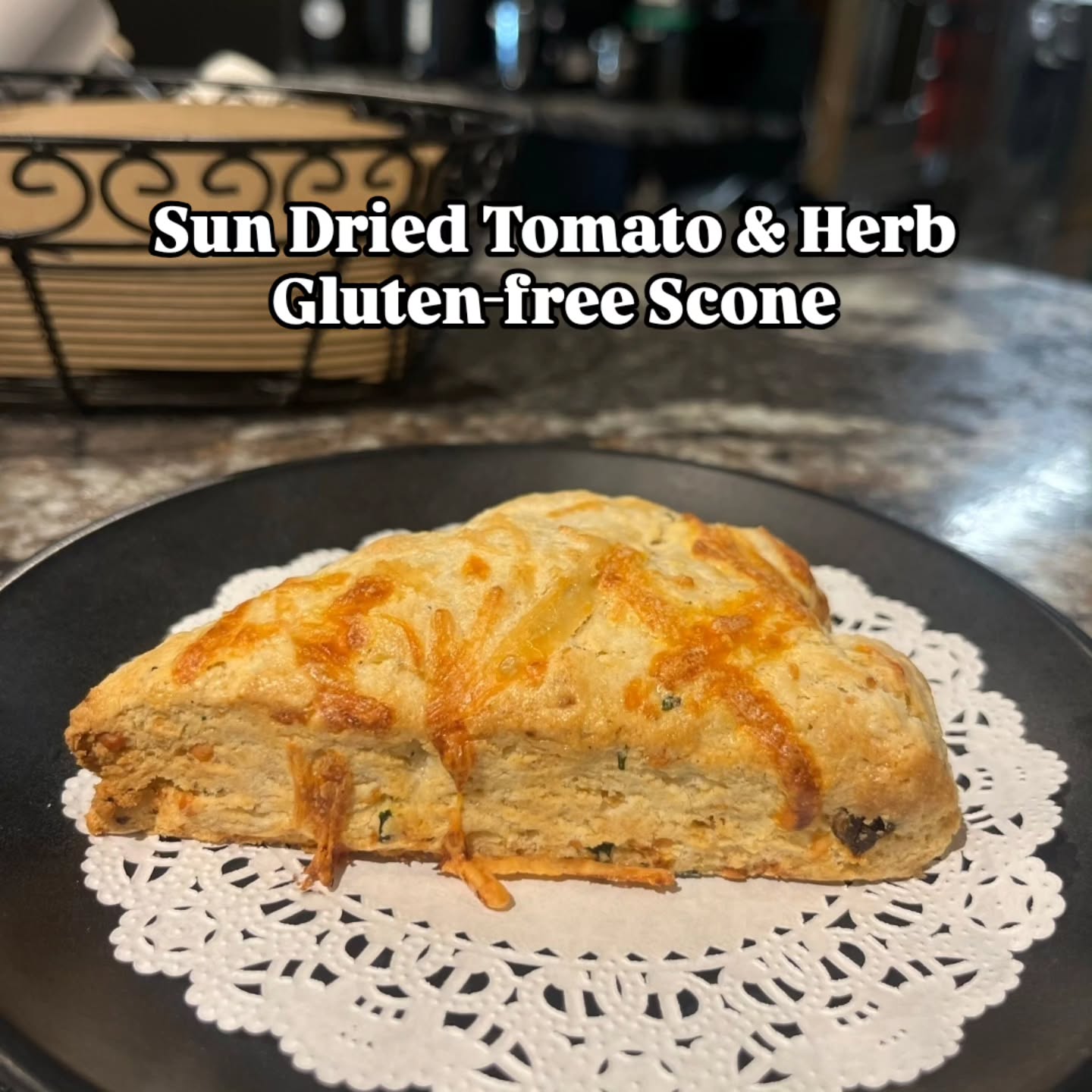 Sun Dried Tomato & Herb Scone. Gluten-free with fresh basil, garlic, parmesan, and cheddar cheese. Available this weekend while supplies last!
#nowherespecial #savoryscone