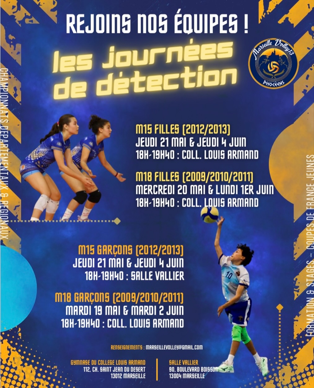 Marseille Volley lance ses journées de détections pour la saison 26-27. 🚀
Section M15 et M18, féminines et masculines, ces entrainements de détection sont ouverts aux joueuses/joueurs extérieurs, débutants ou confirmés ainsi qu’aux licenciés du club. 🔥🏐
Viens rejoindre Marseille Volley, club formateur labellisé OR par la fédération française de volley. 💙
Coupes de France, championnats départementaux et régionaux, formation et stages, nous t’attendons ! 🫡✅
Renseignements : marseillevolley@gmail.com