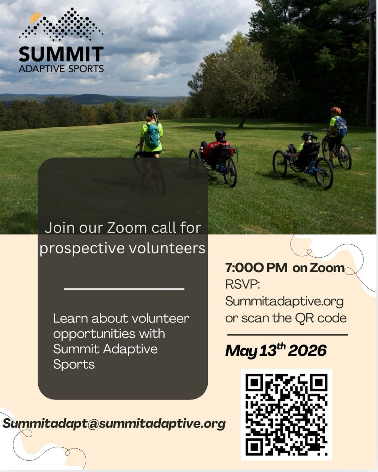 Interested in getting involved with adaptive sports? Or know someone who might be?
We’re currently looking for volunteers for our spring, summer, and fall programs!
Join us for an informational Zoom call this Wednesday to learn more about Summit Adaptive, our programs, and how you can make an impact through volunteering. Be sure to RSVP through our website to receive the meeting details.
Questions? Feel free to send us a message or email us; we’d love to connect!