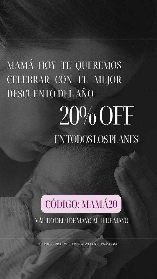 Mamá queremos consentirte, aprovecha el mejor descuento del año. 20% de descuento EN CUALQUIERA DE NUESTROS PLANES
Código: MAMÁ20
Válido desde el 9 hasta el 11 de mayo 2026
Aprovéchalo en www.wellnestmx.com
#mothersday #diadelasmadres❤️ #embarazo #postparto