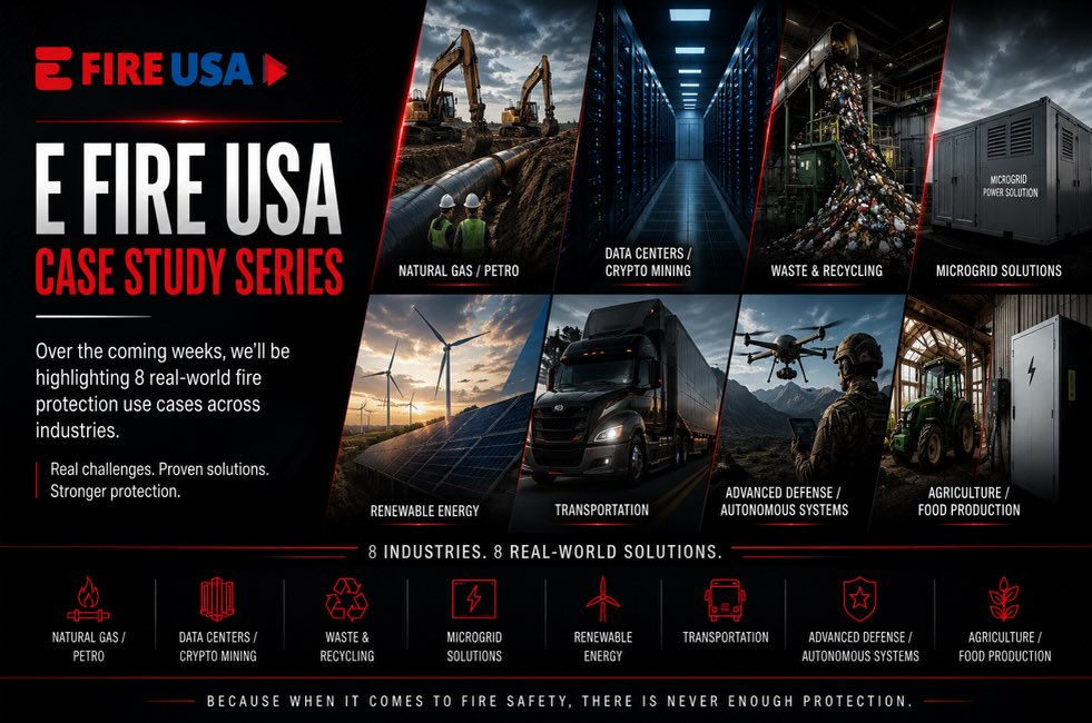 Introducing the E Fire USA Case Study Series.
Over the coming weeks, we’ll be highlighting 8 real-world fire protection use cases across key industries, from natural gas and data centers to renewable energy, transportation, agriculture, and more.
Real challenges. Proven solutions. Stronger protection.
Because when it comes to fire safety, there is never enough protection.
#EFireUSA #FireSafety #FireProtection #FireSuppression #industrialsafety