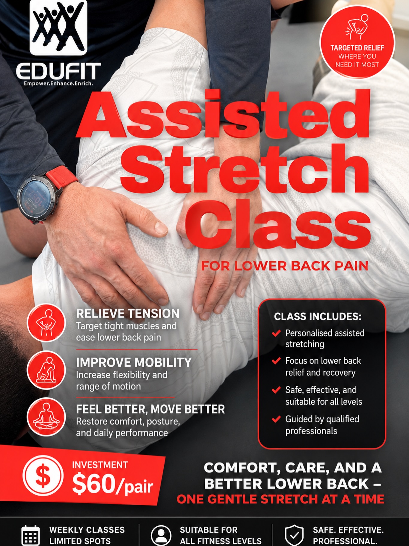 Lower back pain doesn’t have to be your normal.
Turn care into connection ❤️
Whether it’s a date night with your partner or quality time helping your parents move better, our Assisted Stretch Class is designed to bring relief, safely and effectively.
👫 Come as a pair. Date&Time: Sun 14 June 10am
👨👩👧 Support your mum or dad
💆♂️ Feel the difference together
What you’ll get:
✔ Gentle, guided assisted stretching
✔ Relief from stiffness & tension
✔ Improved mobility & comfort
✔ Safe for adults & seniors
💰 Investment: $60/pair
📍 Limited slots available
Because feeling better is always better when shared.
👉 DM us to book your spot today!
#AssistedStretch #LowerBackPainRelief #MoveBetterLiveBetter #PainFreeLiving #SeniorWellness
