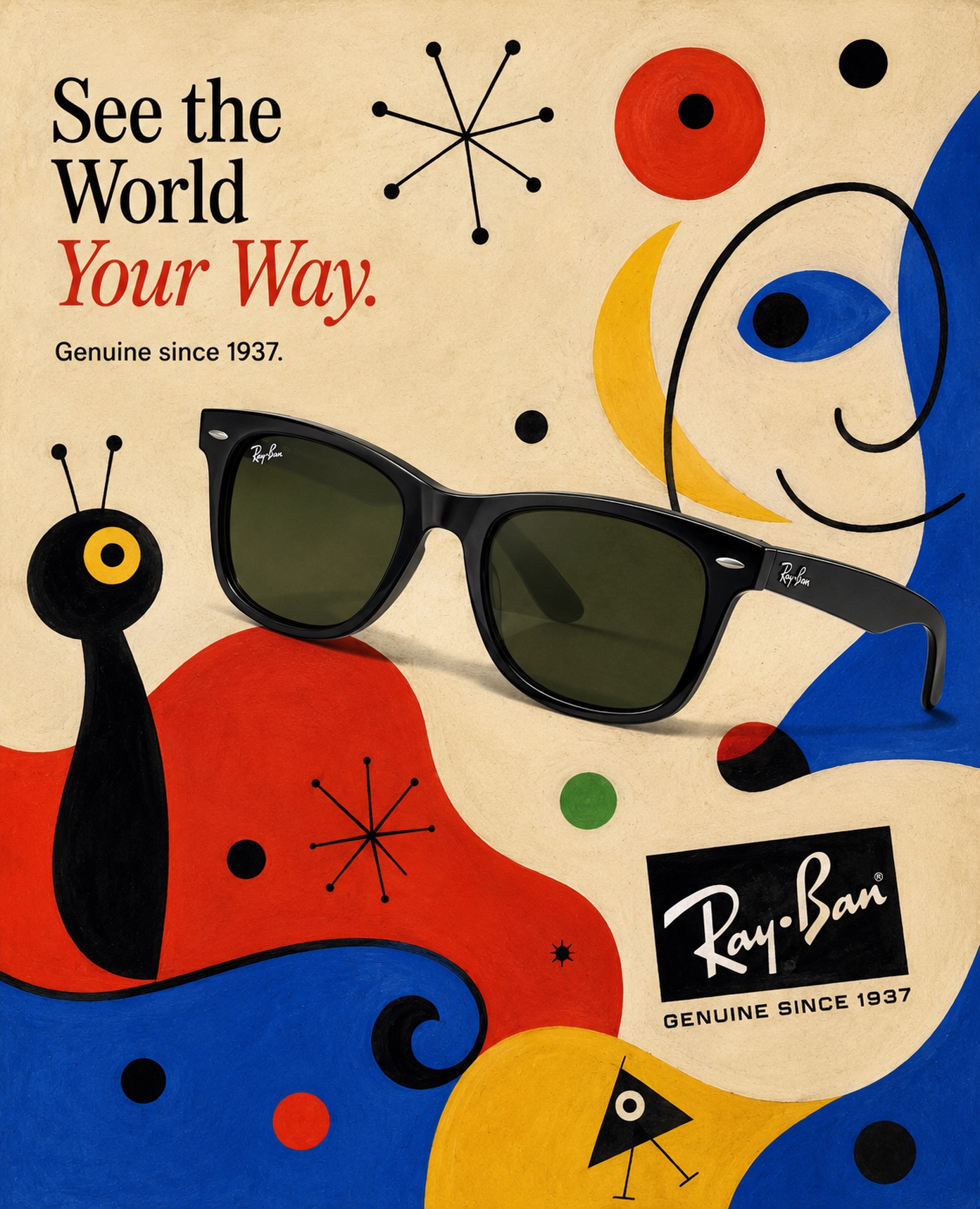Art and advertising!✨
Bold color. Surreal shapes. A little rebellion. A little luxury.
This Miro inspired Ray-Ban mock up piece channels the playful energy of modern art while celebrating timeless design that never goes out of style.
The best ads don’t just sell something — they make you feel something. 🎨🕶️
#ArtLovers #RayBanStyle #CreativeDesign #ModernArt #miroinspired