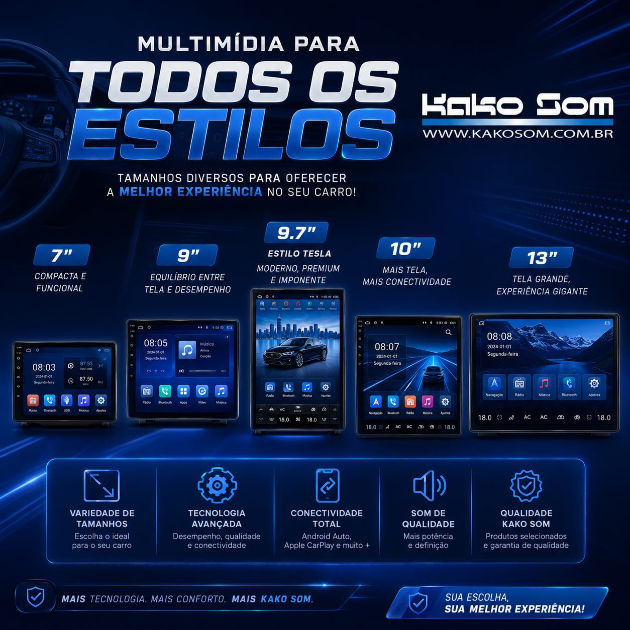 🔥 Multimídia ideal para cada estilo de carro? Na KAKO SOM você encontra! 🚘💙
Trabalhamos com diversos tamanhos de multimídia para entregar conforto, tecnologia e uma experiência completa dentro do seu carro 📲🎶
🔹 7” — Compacta e funcional, perfeita para quem busca praticidade e conectividade no dia a dia.
🔹 9” — Ótimo equilíbrio entre tamanho de tela e desempenho, trazendo mais conforto na utilização.
🔹 9.7” Estilo Tesla — Visual moderno e sofisticado, com tela vertical que transforma totalmente o interior do veículo.
🔹 10” — Mais tela, mais visibilidade e uma experiência multimídia ainda mais completa.
🔹 13” Panorâmica — Tela grande e imponente, ideal para quem quer máxima tecnologia e destaque no painel.
✅ Android Auto
✅ Apple CarPlay
✅ Bluetooth, GPS e muito mais
Seu carro merece um upgrade de respeito 😎⚡
📍Av. Água Branca, 95
📍Av. Santa Cruz, 524
#kakosom #piracicaba #multimidia #carros #tecnológia