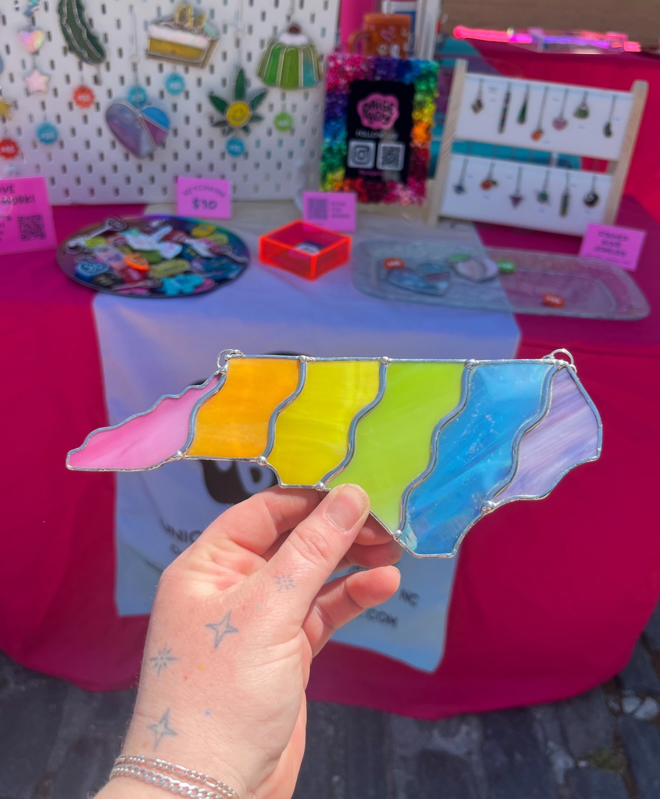 We are hard at work getting together some pieces for @patchworkmarket this Sunday at the Durham Armory! This pastel cutie is coming along (can’t believeee we still have her) along with lots of other work, jewelry, and keychains. This is our second time at Patchwork and we are super excited to be back - catch us right near the stage!