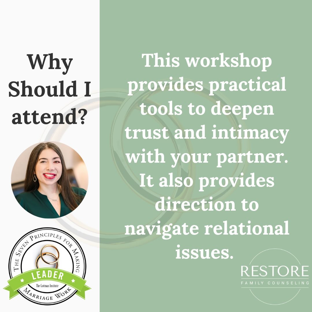 Restore Family Counseling will be hosting an exciting two-day couples workshop hosted by Kacy Combest, LPC. The Seven Principles for Making Marriage Work Workshop is a virtual marriage workshop based on the internationally acclaimed research of Dr. John Gottman as presented in his New York Times bestselling book—The Seven Principles for Making Marriage Work. This educational workshop has been offered across the US and internationally, and has strengthened the relationships of tens of thousands of couples. It’s specifically designed to help couples improve their friendship and learn powerful communication and conflict management skills.
The workshop includes lectures, demonstrations, videos and private couples exercises. The activities are fun, insightful and informative. And there is no need to worry about sharing your personal problems in front of others… we don’t do any group sharing at this workshop.
Workshop Details
When: July 18th-19th
Time: 1PM-5PM CST
Price: $299 per couple
For registration and more information, please call 903-415-5757 or email staff@restorecounselingtyler.com
