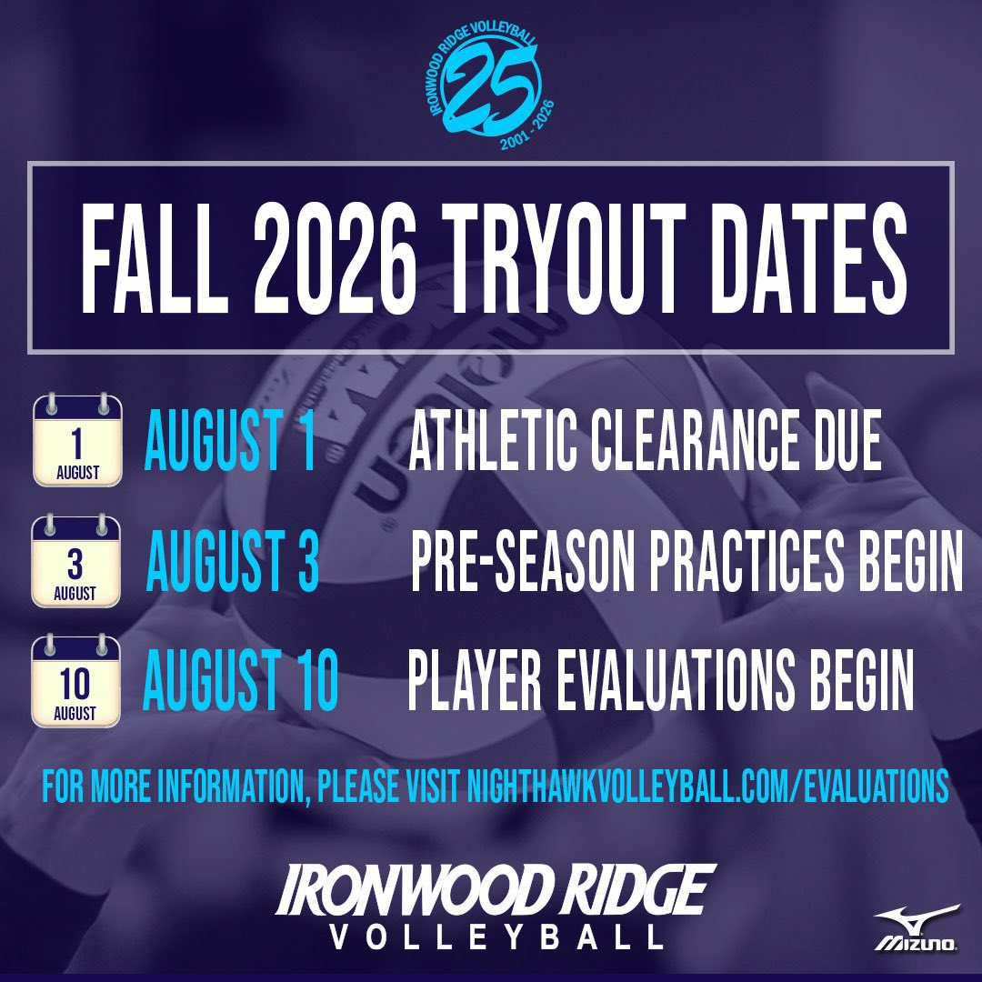 SAVE THE DATE! Ironwood Ridge Volleyball is looking forward to its 25TH VARSITY SEASON this Fall. All prospective student-athletes must be registered and have completed their Athletic Clearance requirements by August 1 in order to participate in Pre-Tryout Practices.
AUGUST 3: Pre-season practices begin the first week of school. These sessions are designed to prepare players for official evaluations and team selections.
OFFICIAL START DATE: AUGUST 10, 2026
Official evaluations begin Monday, August 10, 2026. Team Selections will begin on Tuesday and all team tryouts will be concluded by Tuesday or Wednesday.
For information, please visit our website or contact the coaching staff. Information is on the links in our bio.