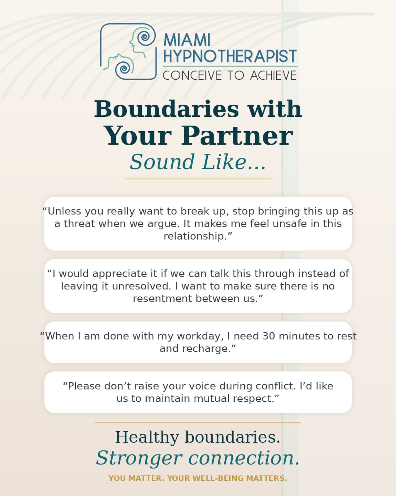 Healthy boundaries are not walls.
They are honest conversations that protect connection, respect, and emotional safety.
A lot of relationship stress comes from unspoken expectations, fear of conflict, people-pleasing, or reacting emotionally before we pause and communicate clearly.
Sometimes one of the healthiest things you can say is:
“I need a moment.”
“I want us to talk this through calmly.”
“That behavior hurts me.”
“I need space to recharge.”
Hypnotherapy can help you become more aware of the subconscious emotional patterns underneath your reactions, so communication becomes more intentional instead of automatic.
Small shifts.
Better communication.
Stronger connection.
🌀 Miami Hypnotherapist
Conceive to Achieve
#MiamiHypnotherapist #RelationshipAdvice #EmotionalIntelligence #MindsetShift #MiamiWellness