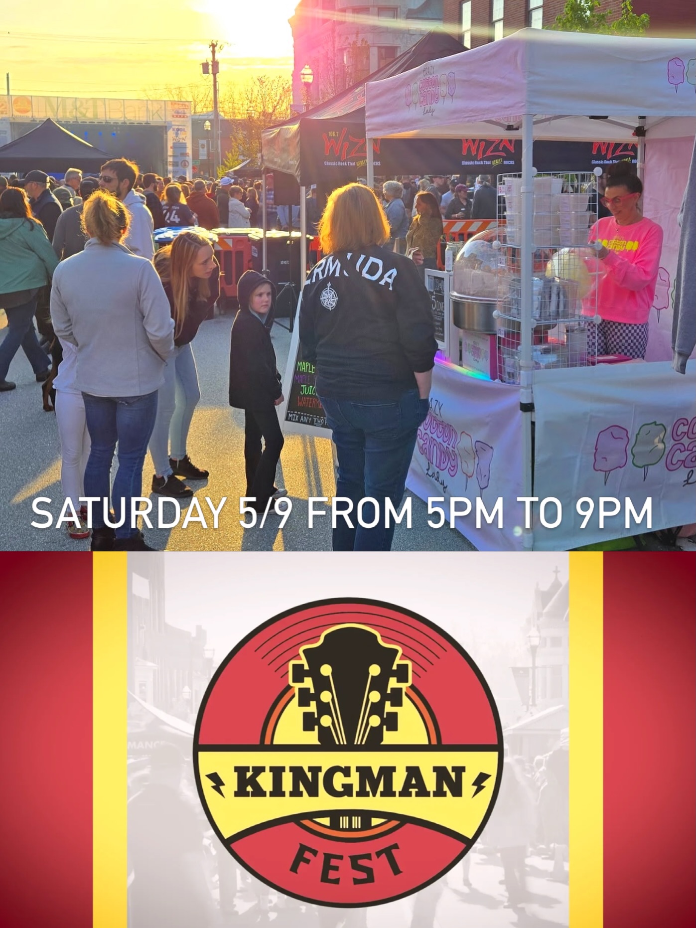 Saturday 5/9 @kingmanfestvt
From 5pm to 9pm
FREE outdoor concert for all ages!
Concert starts at 7:30pm
📍Kingman St, St. Albans VT
#crazycottoncandylady #vtevents #stalbansvt #vermont #vermontevents