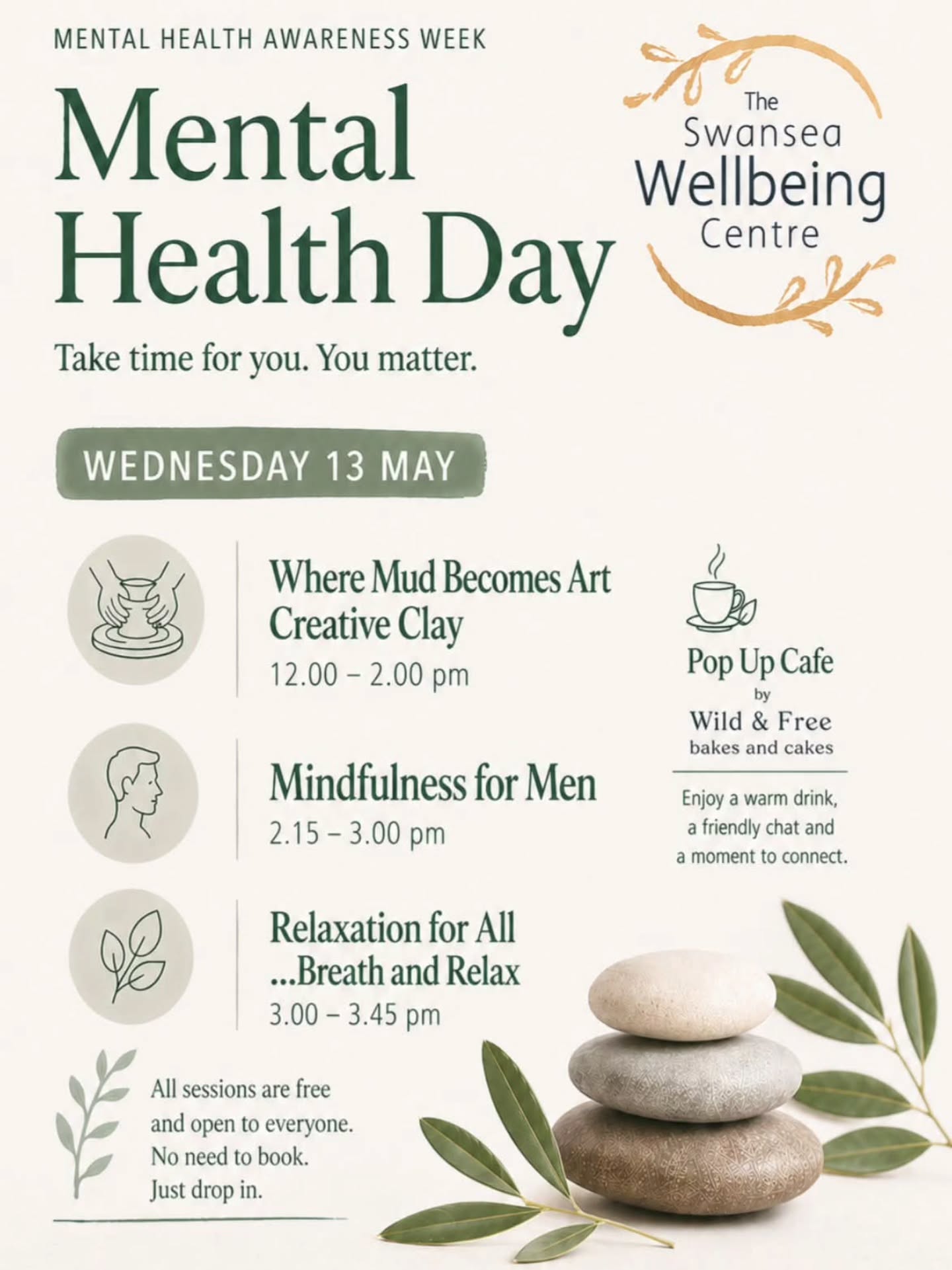 Prioritise your wellbeing this Mental Health Awareness Week and join us for a special Mental Health Day on Wednesday the 13th of May.
Discover a range of uplifting, free sessions designed to help you relax, recharge, and reconnect—from creative clay workshops to mindfulness and guided relaxation.
Take a break in our welcoming pop-up café, enjoy a warm drink, and connect with others in a supportive space. No booking needed—just drop in and invest in you.
Centre@wellbeingswansea.co.uk for any queries
#mentalhealthawareness #mentalhealth #wellbeingswansea #wellbeingforall